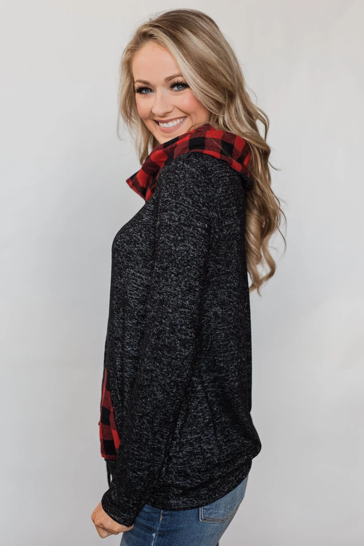 Cheerful in Plaid Cowl Neck Hoodie- Heather Black - Image 7