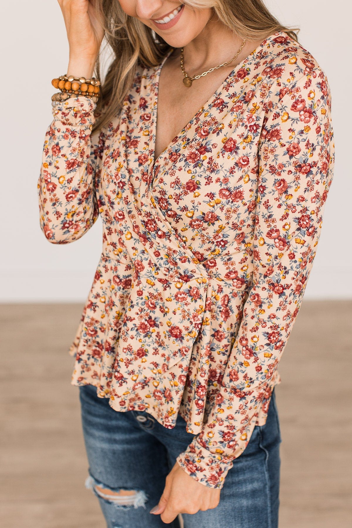 Cherish Today Floral Wrap Blouse- Cream - Image 2
