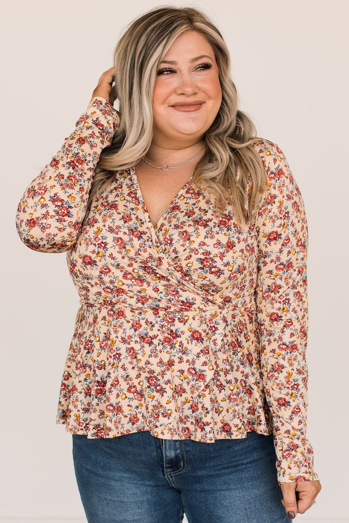 Cherish Today Floral Wrap Blouse- Cream - Image 5
