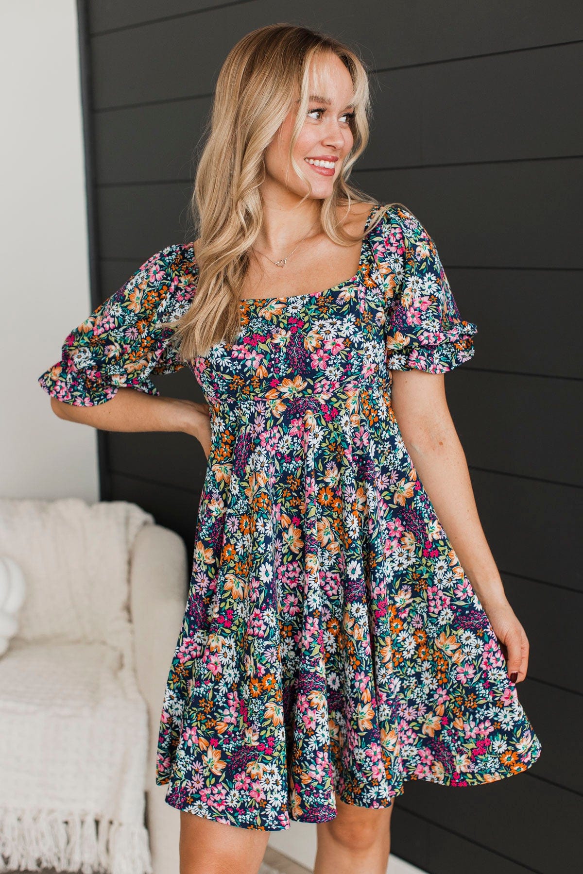 Cherishing Friendships Floral Dress- Navy