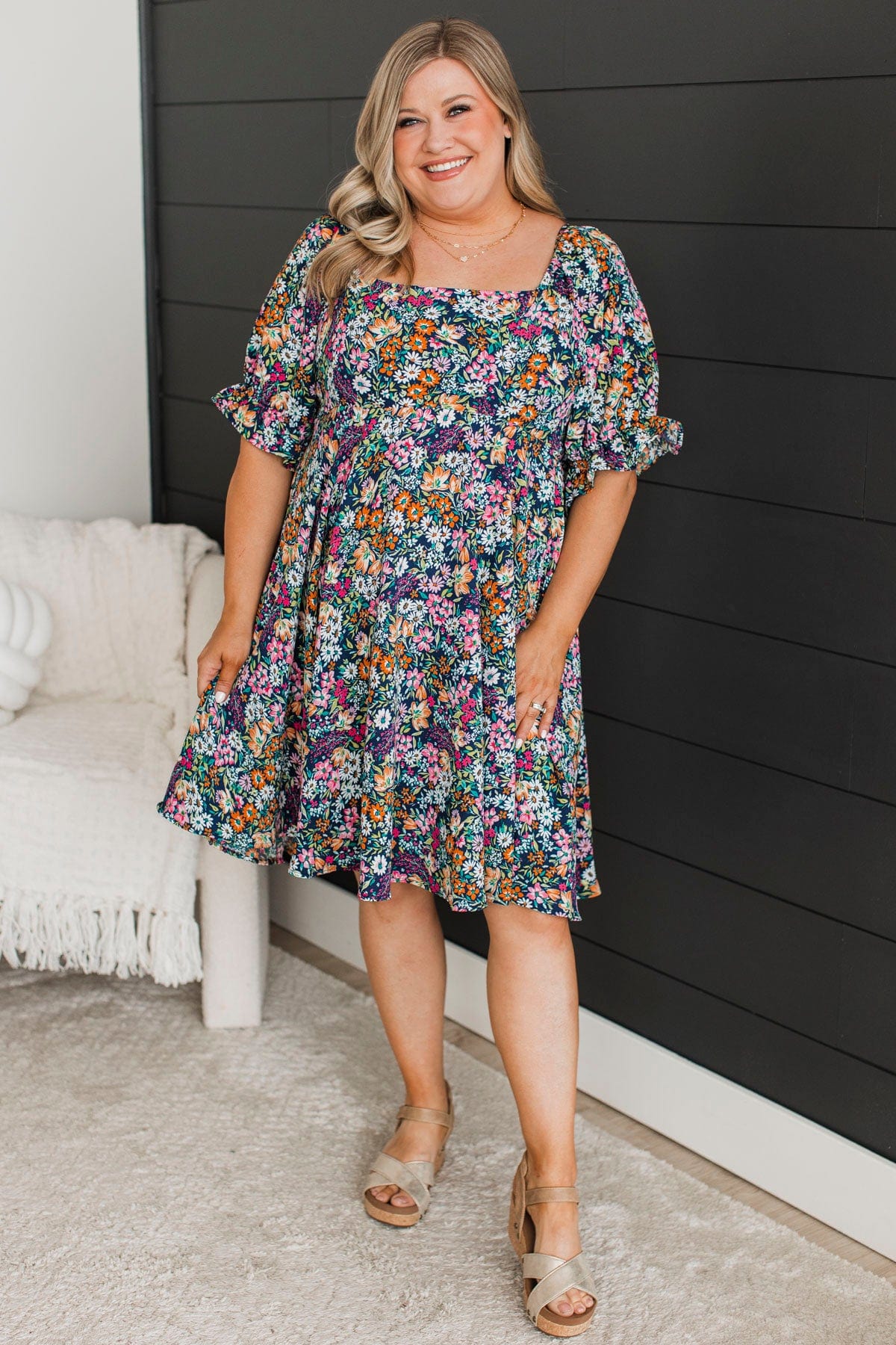 Cherishing Friendships Floral Dress- Navy - Image 2