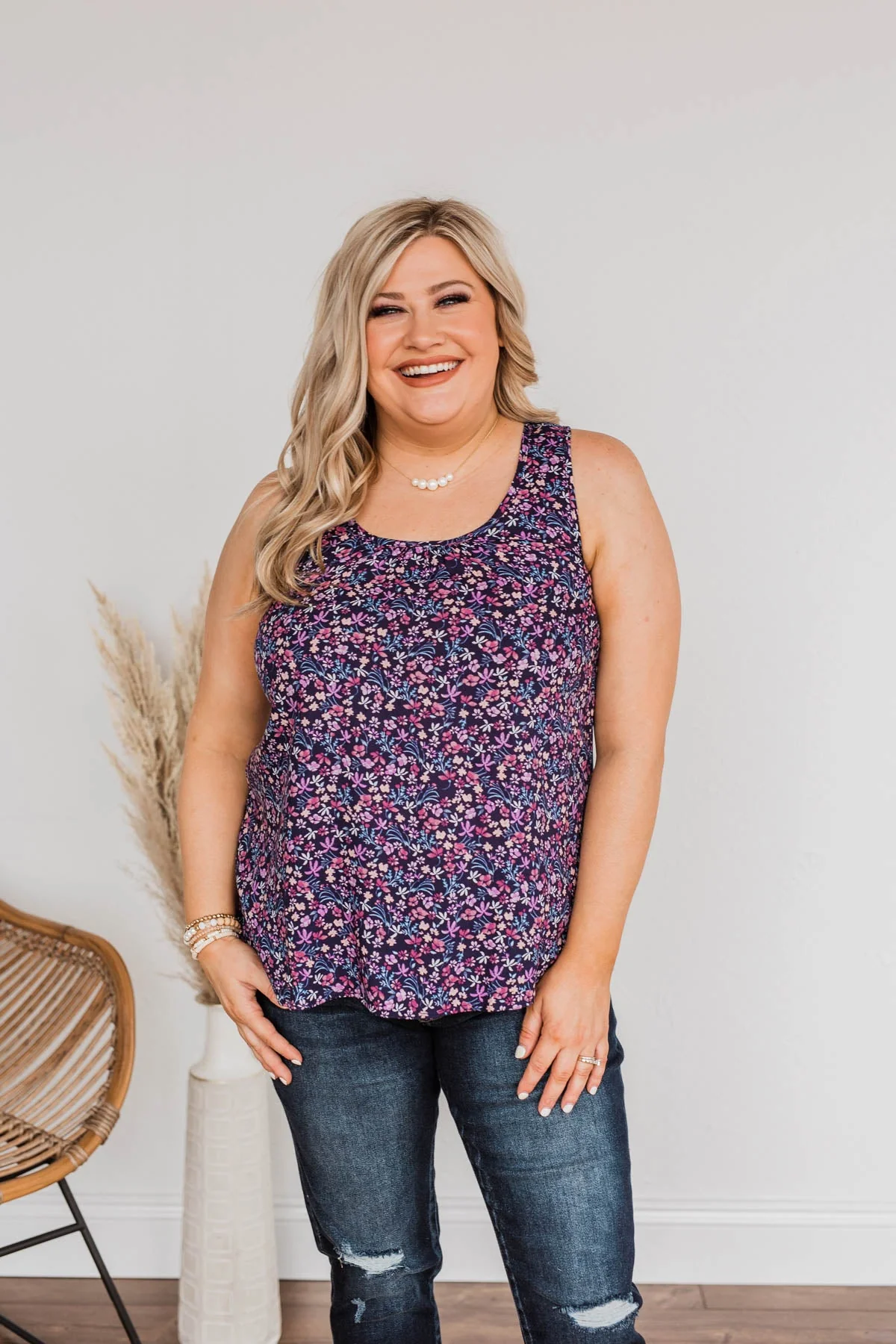 Cherry Pie & Summer Skies Floral Tank Top- Navy - Image 3