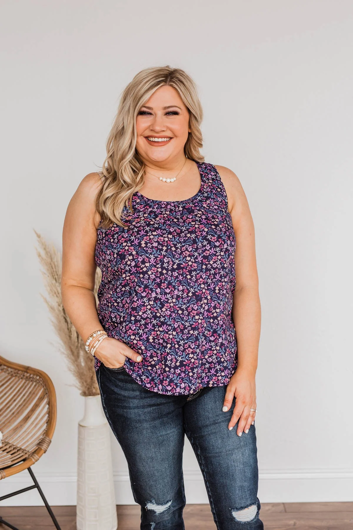 Cherry Pie & Summer Skies Floral Tank Top- Navy - Image 6
