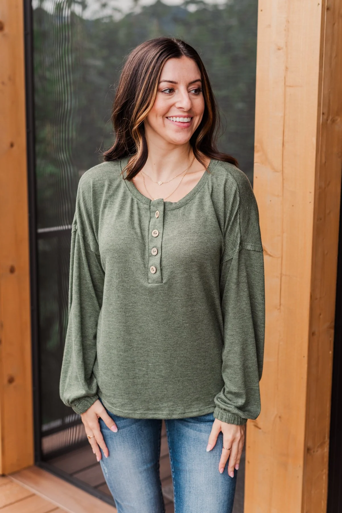 Chilling In Autumn Striped Button Top- Olive - Image 2