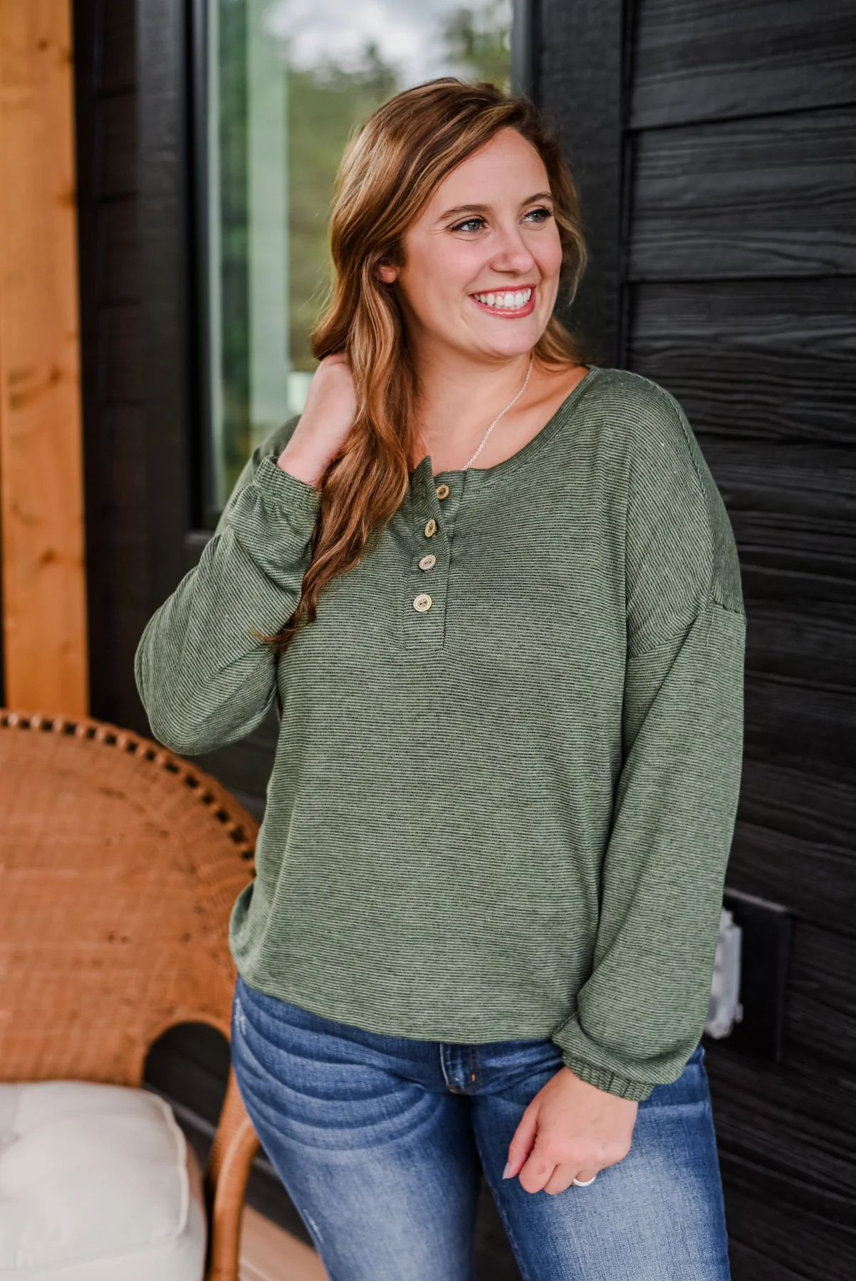 Chilling In Autumn Striped Button Top- Olive - Image 3