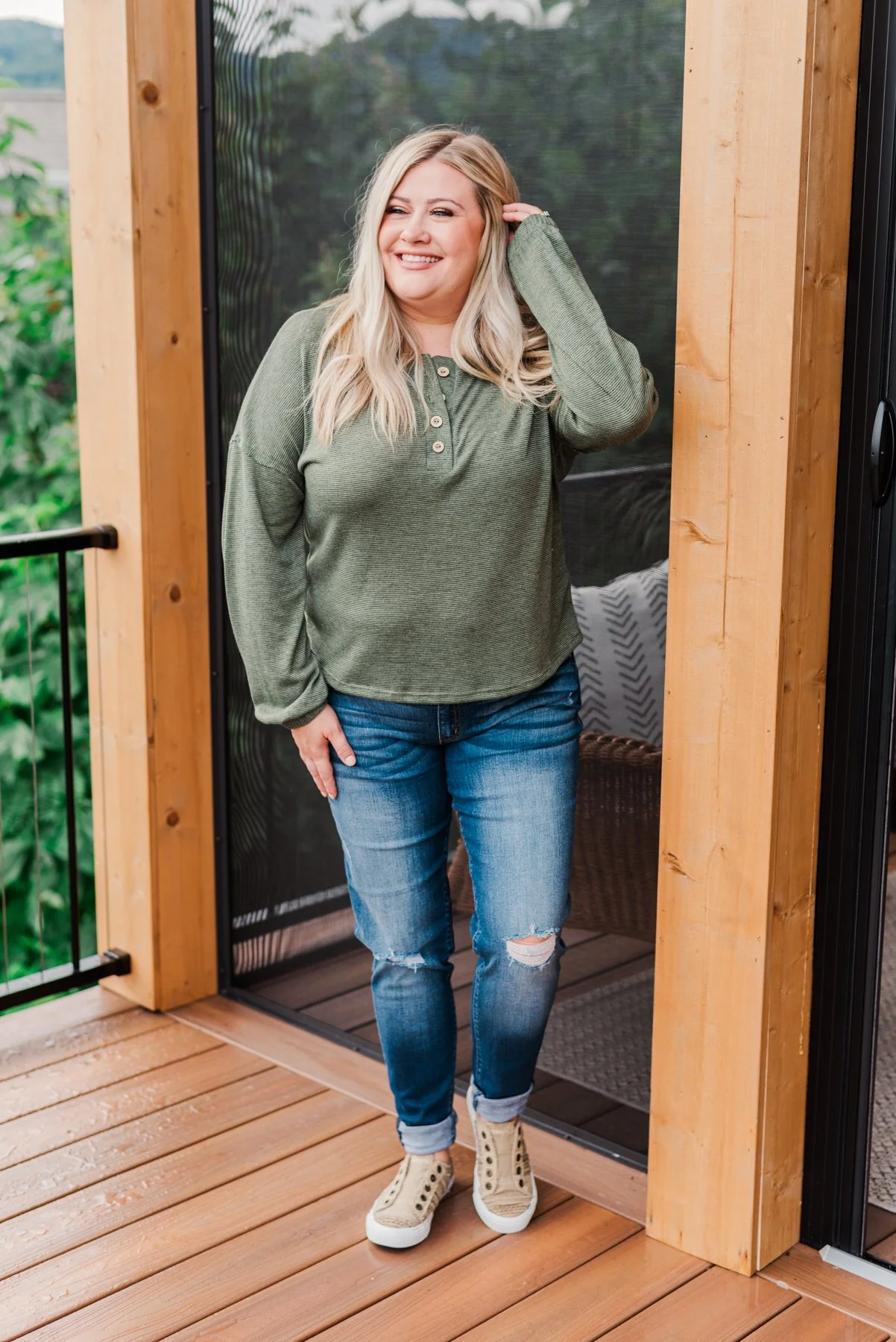 Chilling In Autumn Striped Button Top- Olive - Image 4