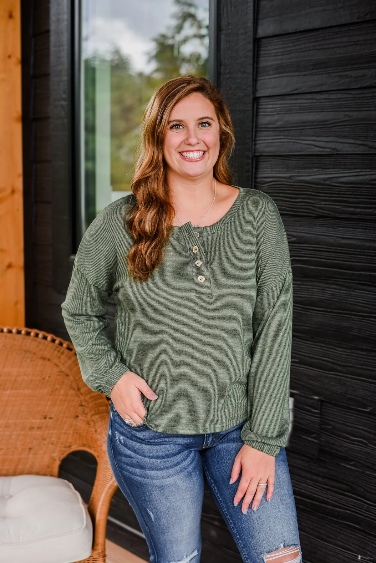 Chilling In Autumn Striped Button Top- Olive - Image 6