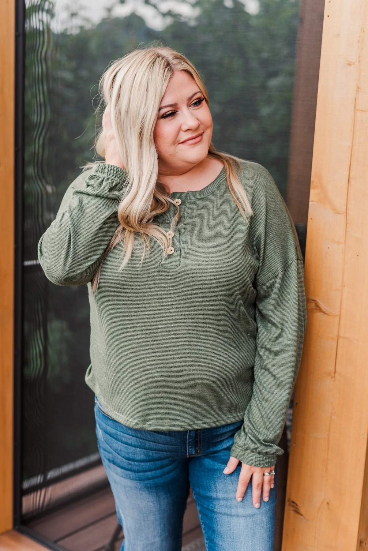 Chilling In Autumn Striped Button Top- Olive - Image 7