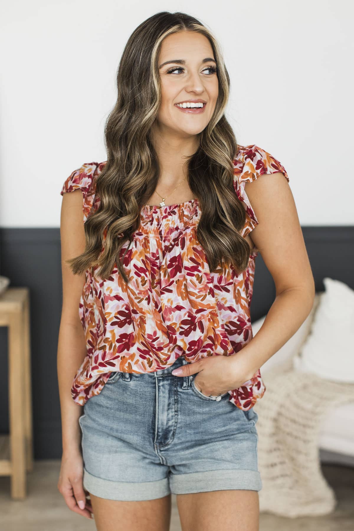Choose Happiness Smocked Floral Blouse- Coral - Image 2