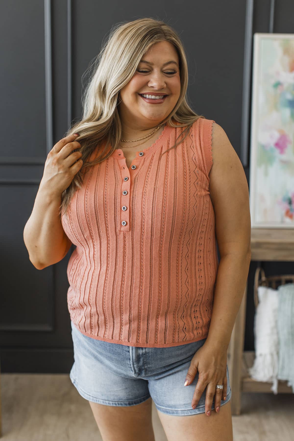Choose Joy Pointelle Knit Tank Top- Coral Orange - Image 2