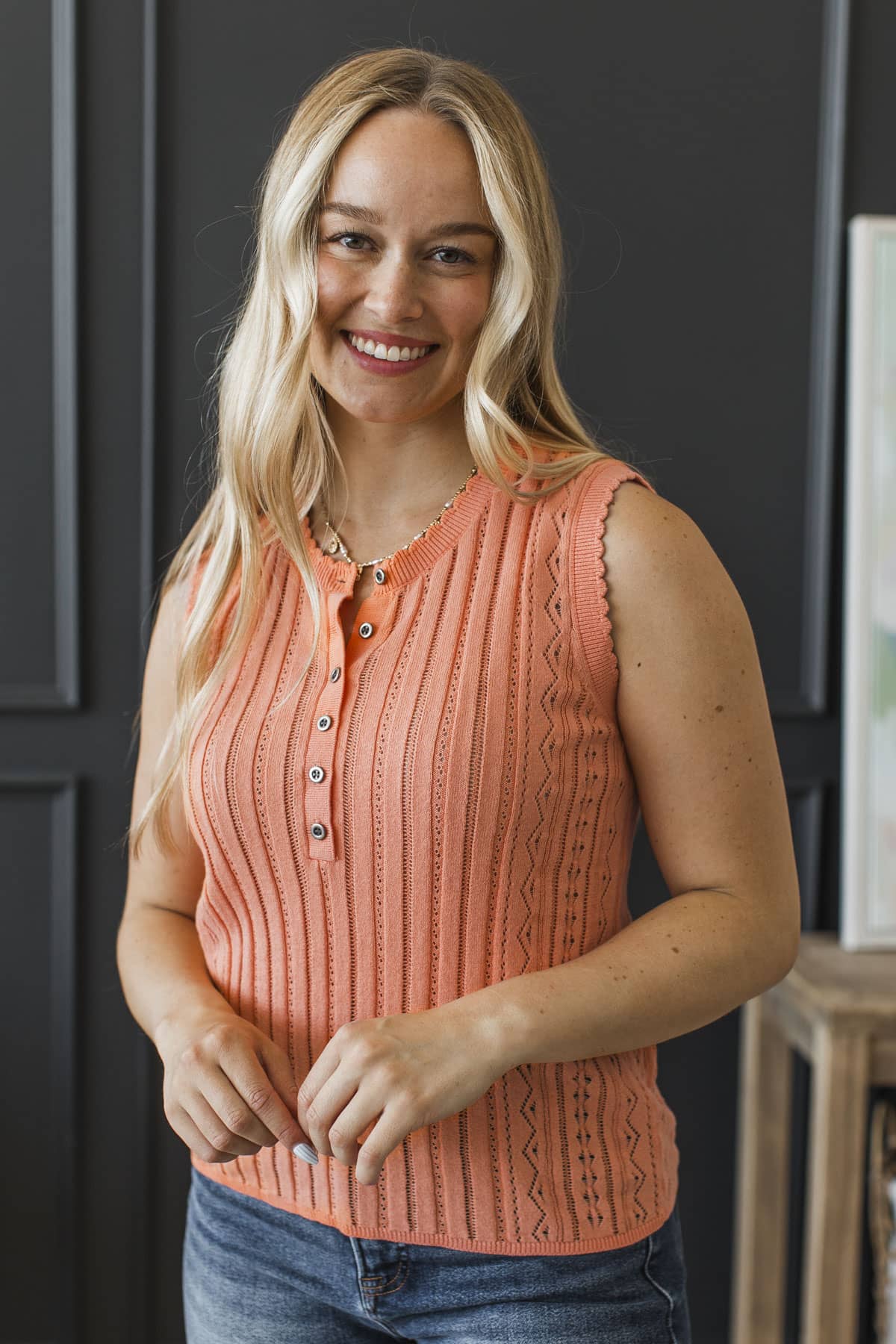 Choose Joy Pointelle Knit Tank Top- Coral Orange - Image 3