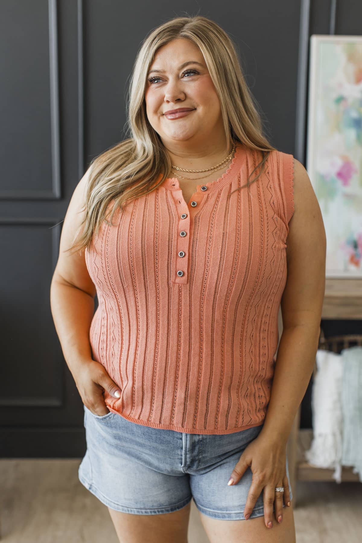 Choose Joy Pointelle Knit Tank Top- Coral Orange - Image 4