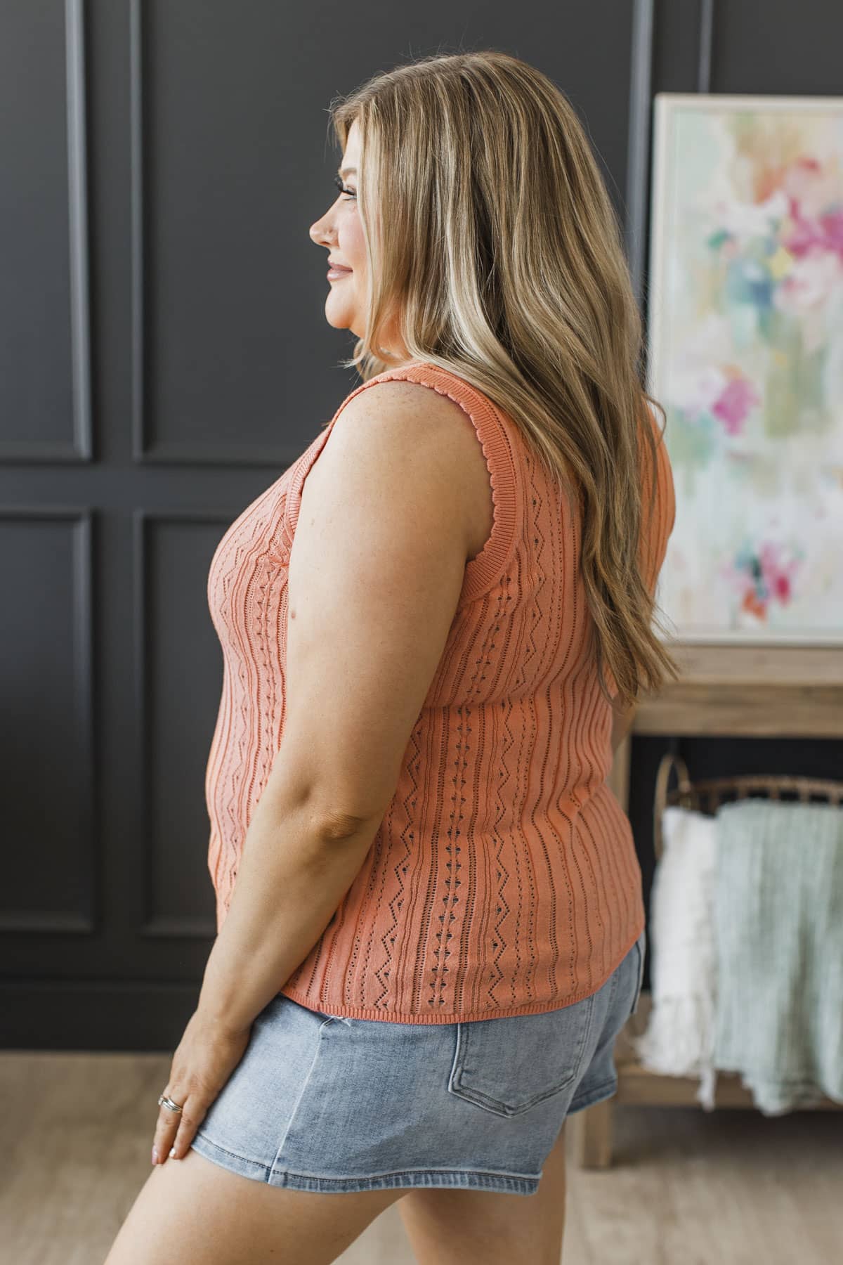 Choose Joy Pointelle Knit Tank Top- Coral Orange - Image 6