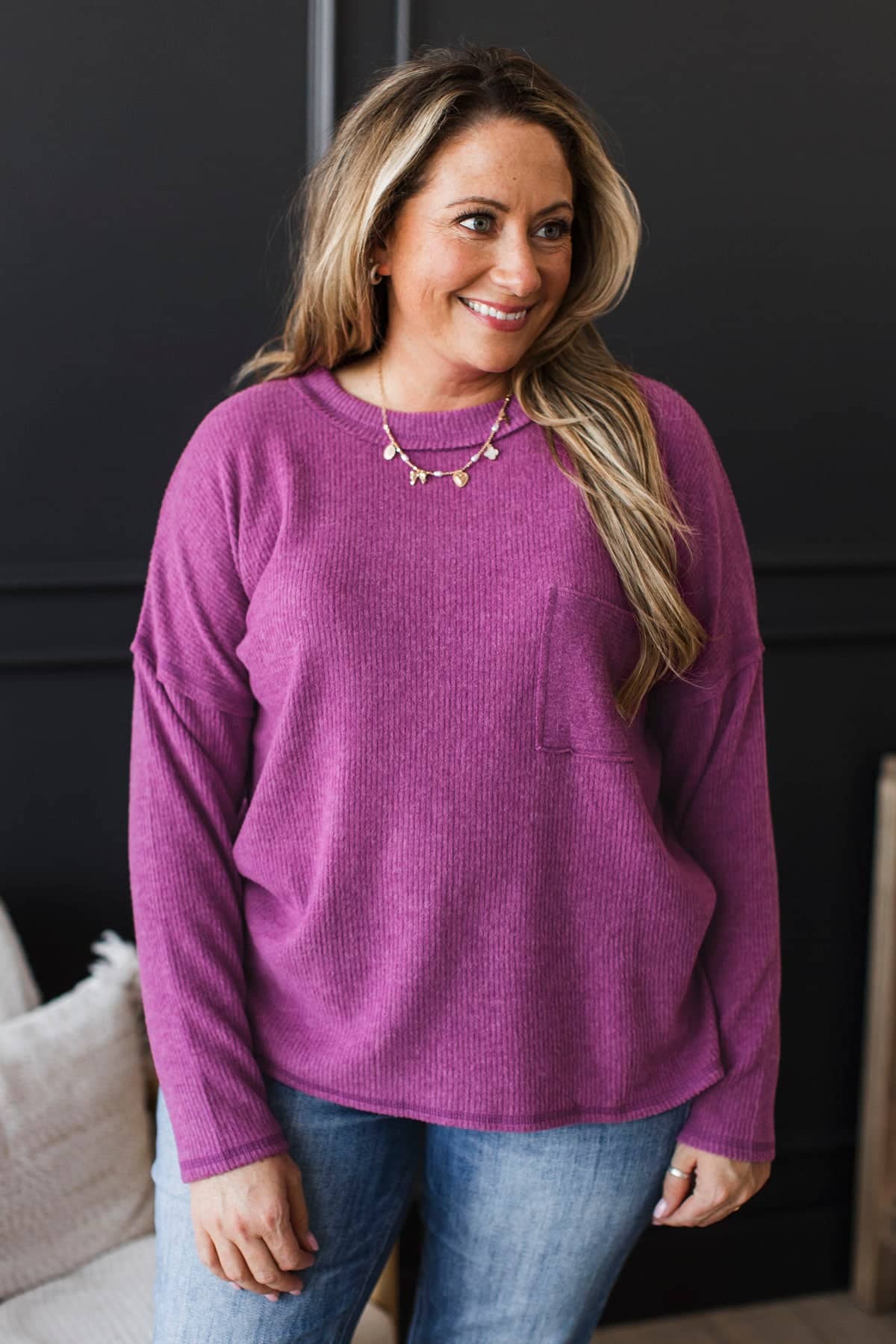 Choose Myself First Ribbed Long Sleeve Top- Light Plum