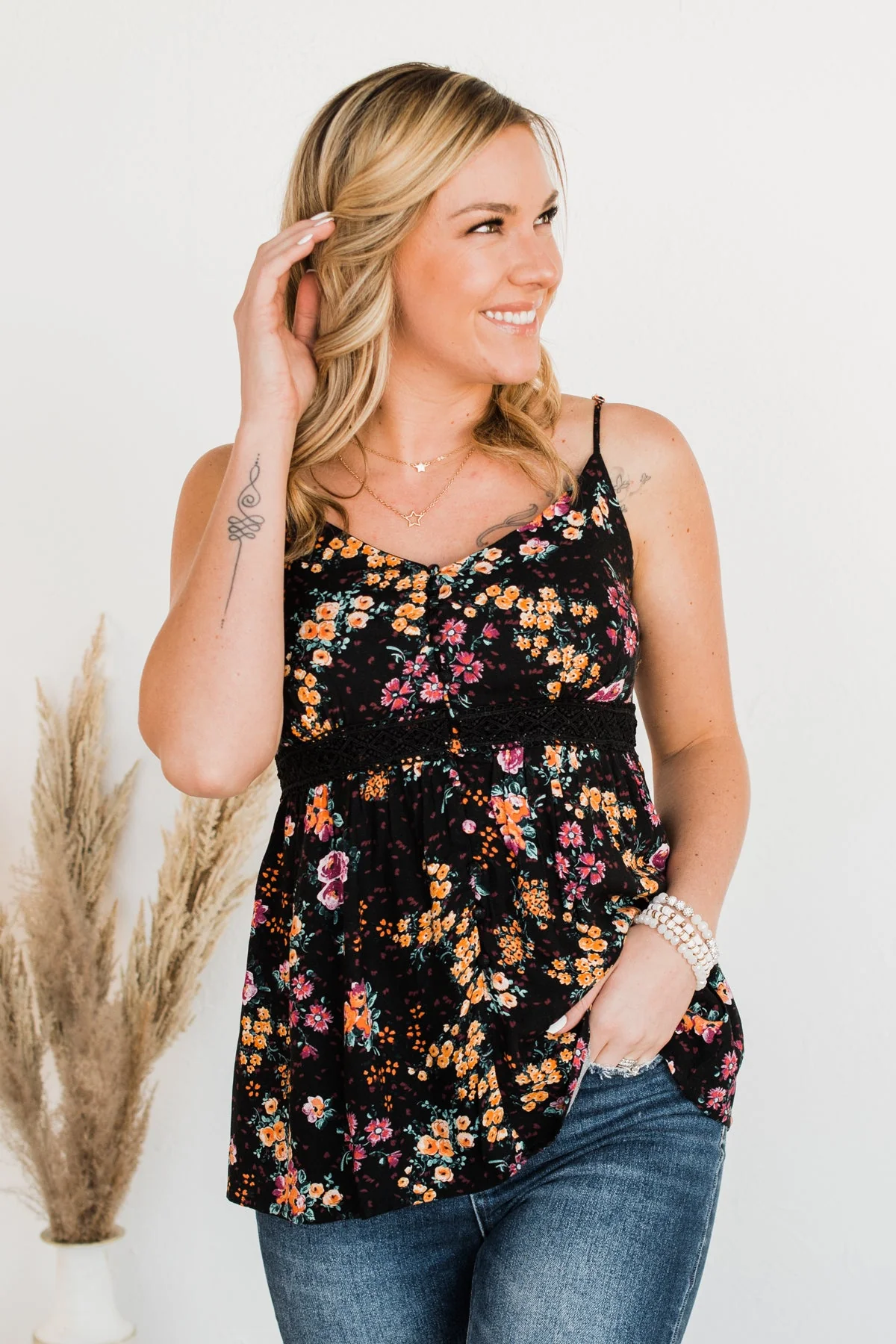 Chose Happiness Floral Tank Top- Black - Image 2
