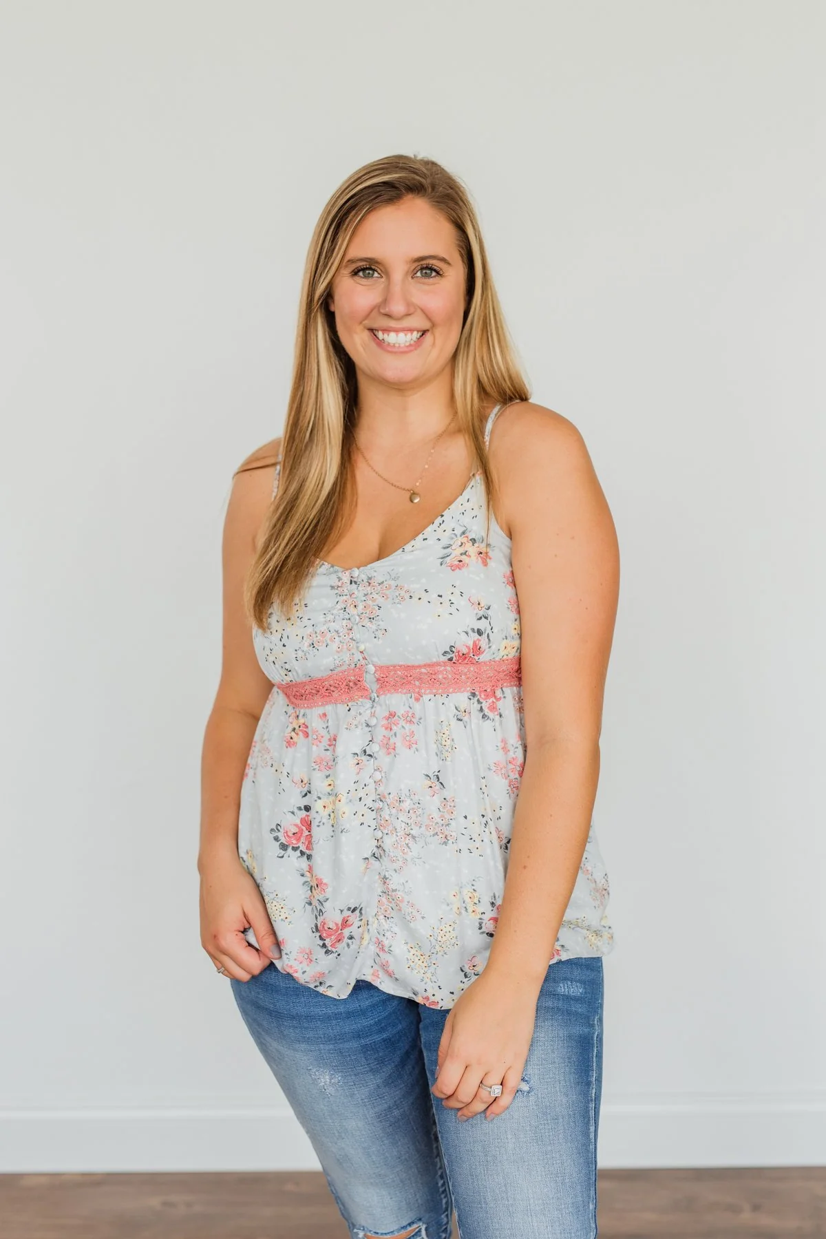 Chose Happiness Floral Tank Top- Light Grey & Pink - Image 3