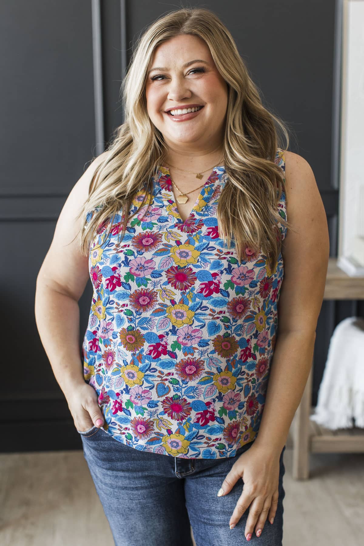 Classic Allure Floral Tank Top- Ivory & Blue Multi