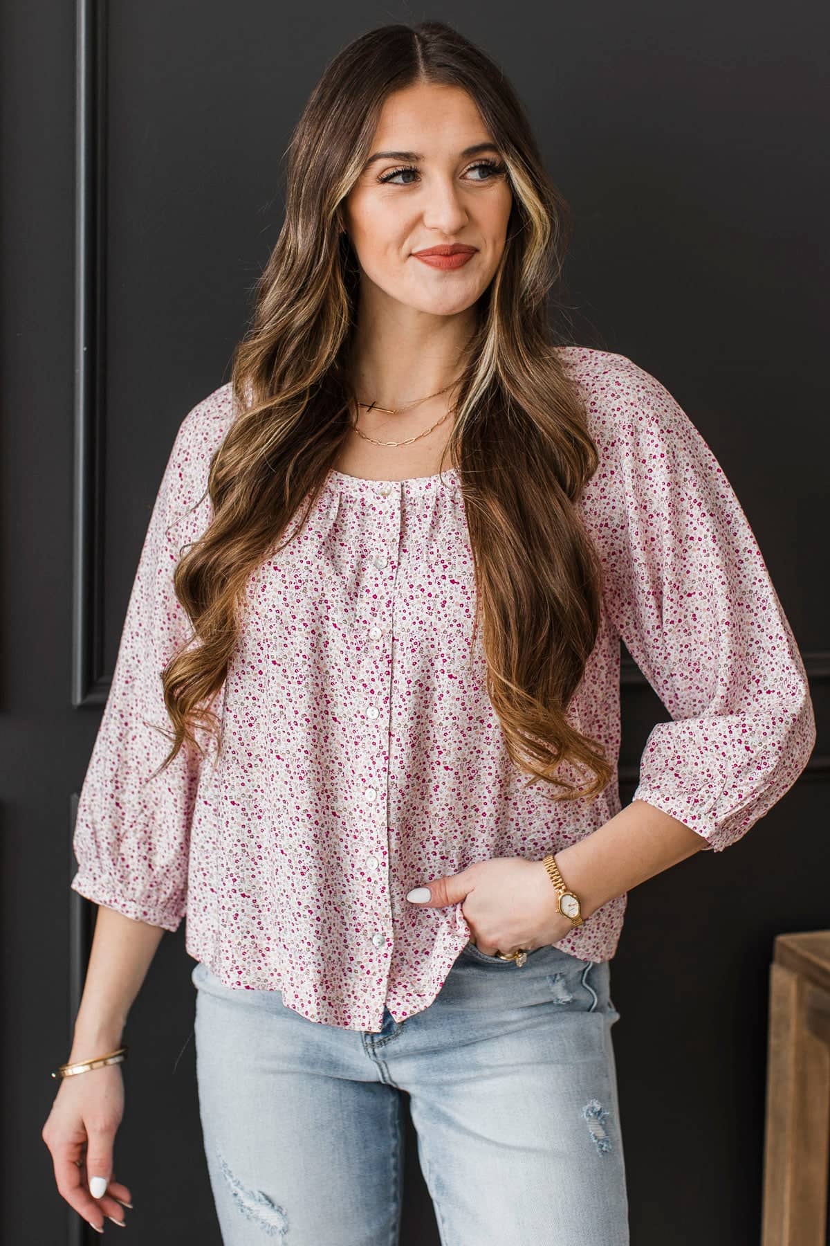 Classic Love Story Floral Peasant Top- Ivory & Dark Fuchsia