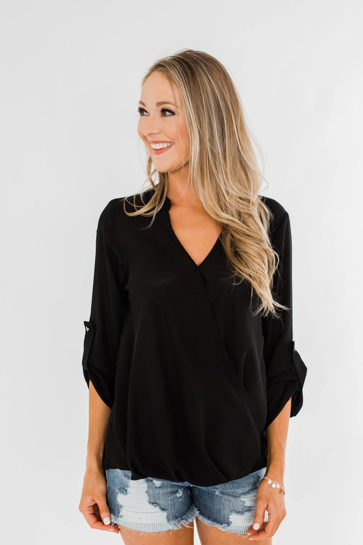 Classy Cutie V-Neck Wrap Blouse- Black - Image 2