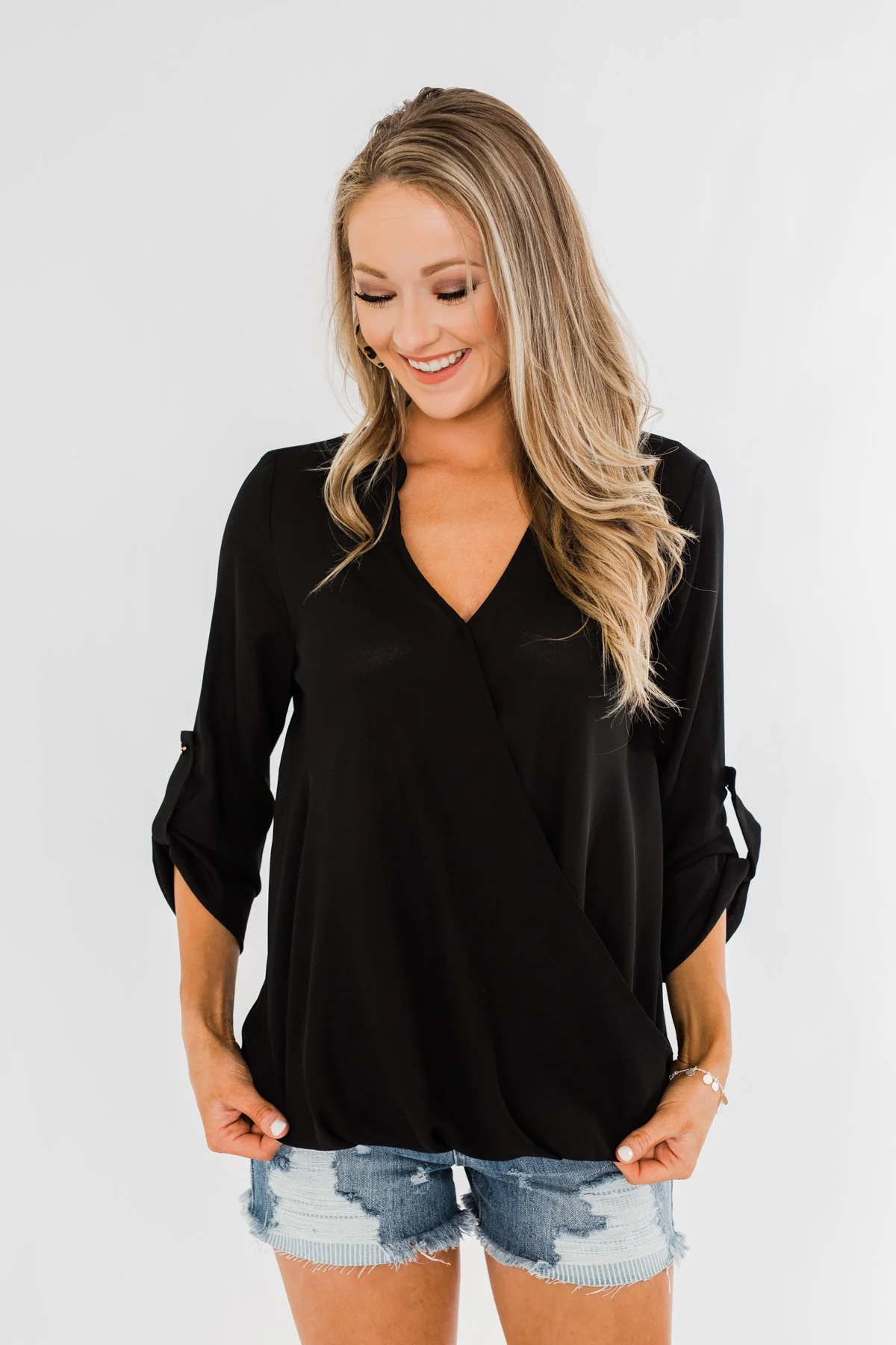 Classy Cutie V-Neck Wrap Blouse- Black - Image 4