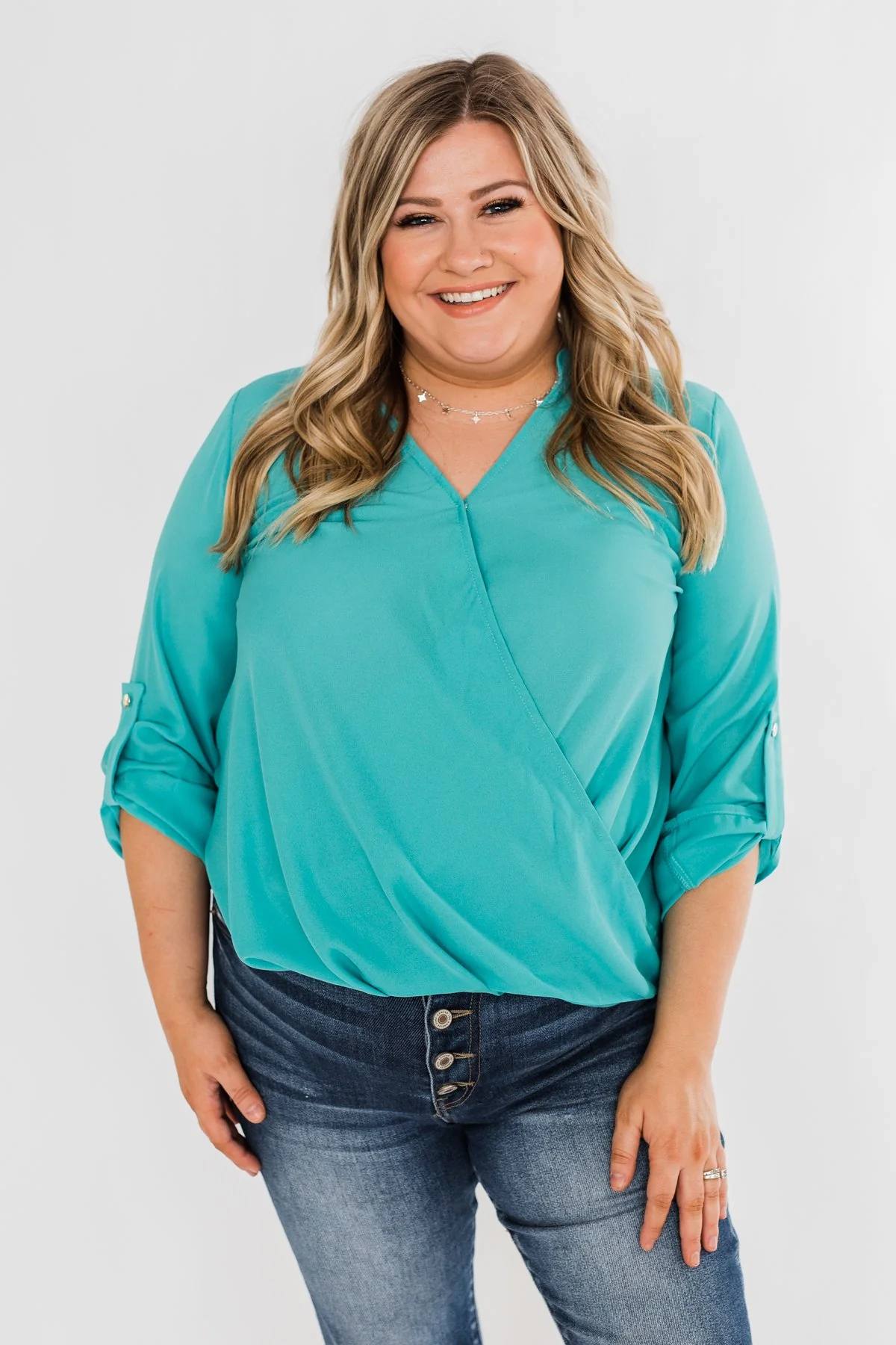 Classy Cutie V-Neck Wrap Blouse- Teal - Image 3