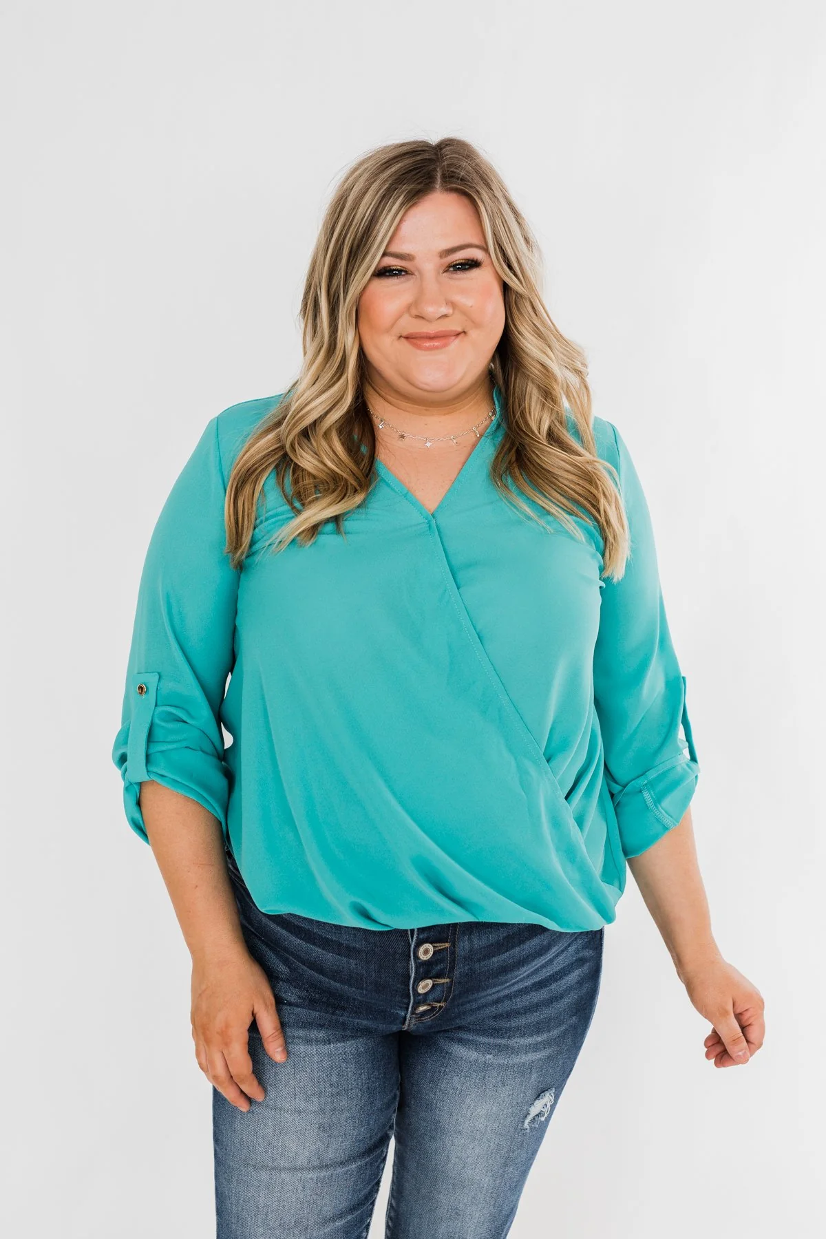 Classy Cutie V-Neck Wrap Blouse- Teal - Image 5