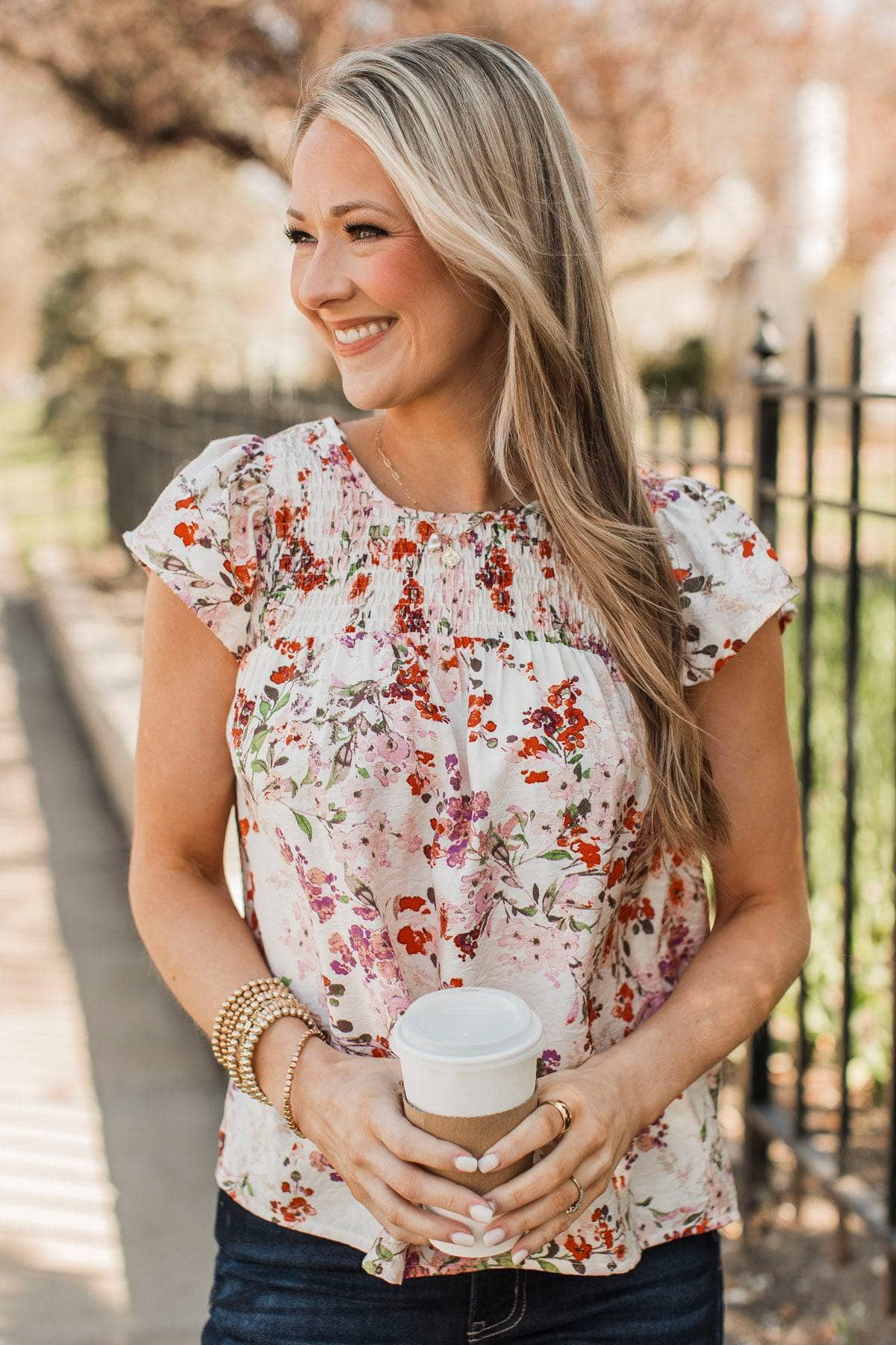 Classy Lady Floral Blouse- Ivory & Pale Pink - Image 4