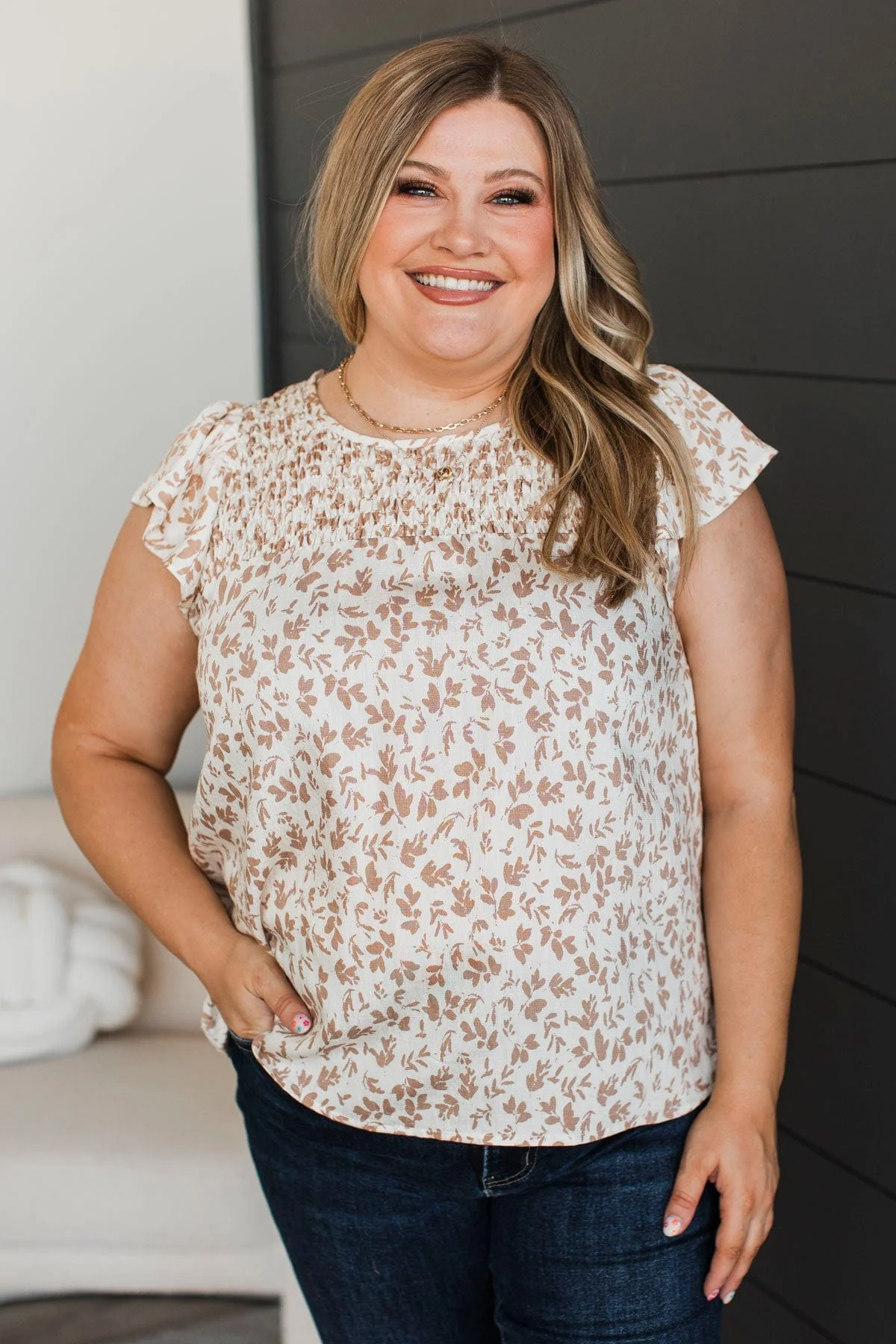 Classy Lady Floral Blouse- Ivory & Taupe - Image 4