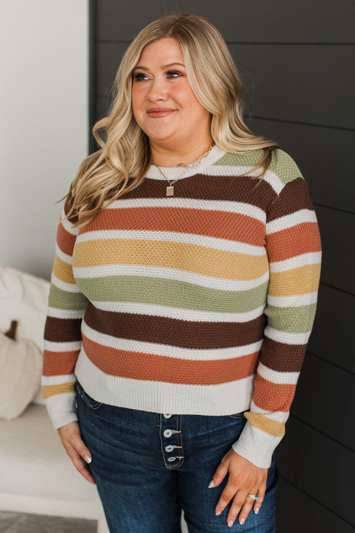 Clearly Charming Striped Knit Sweater- Oatmeal & Brown - Image 2