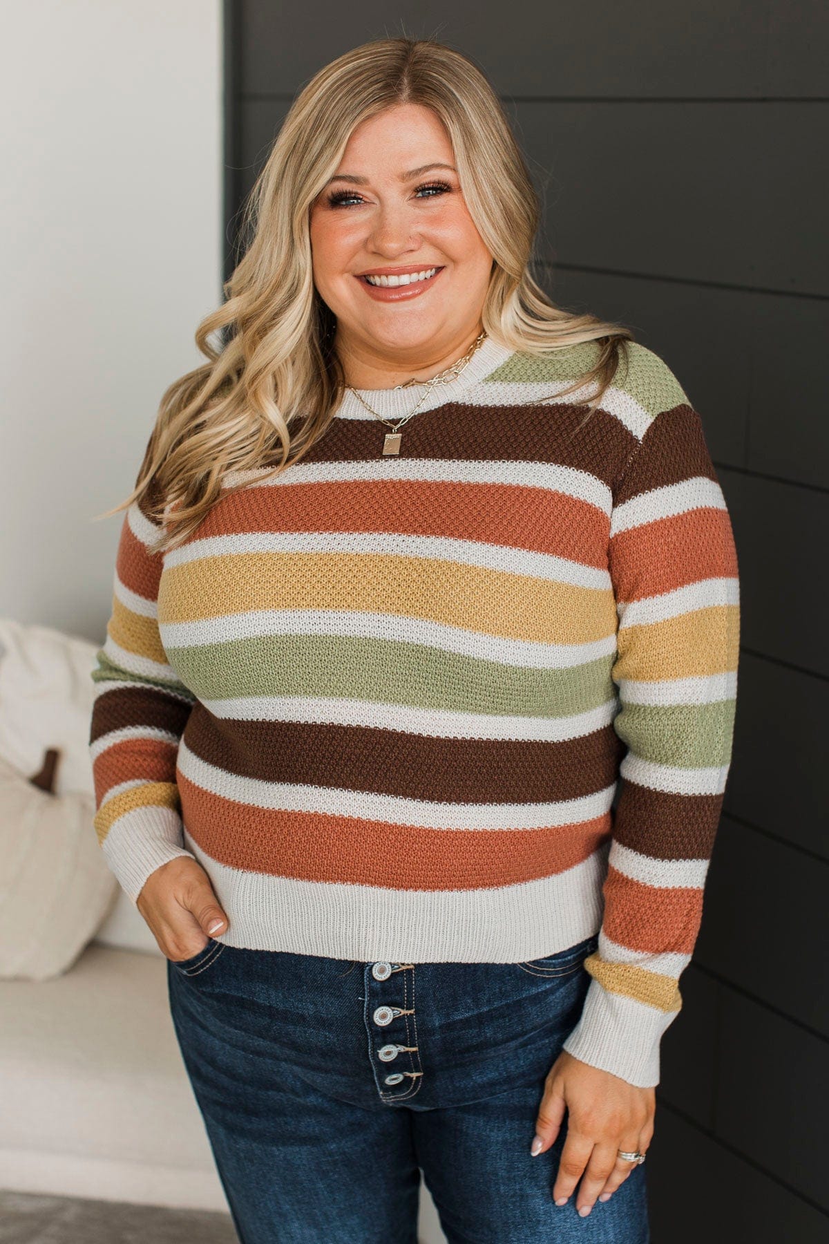 Clearly Charming Striped Knit Sweater- Oatmeal & Brown - Image 4