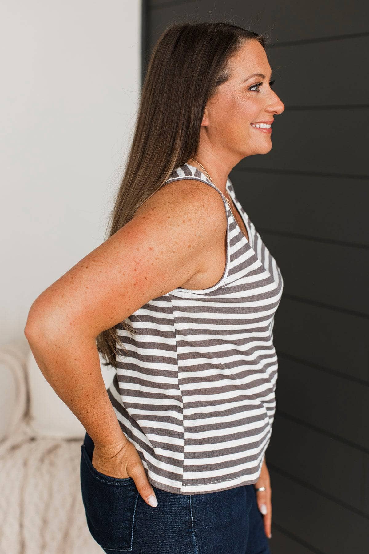 Clever Ideas Striped Tank Top- Dark Grey - Image 6
