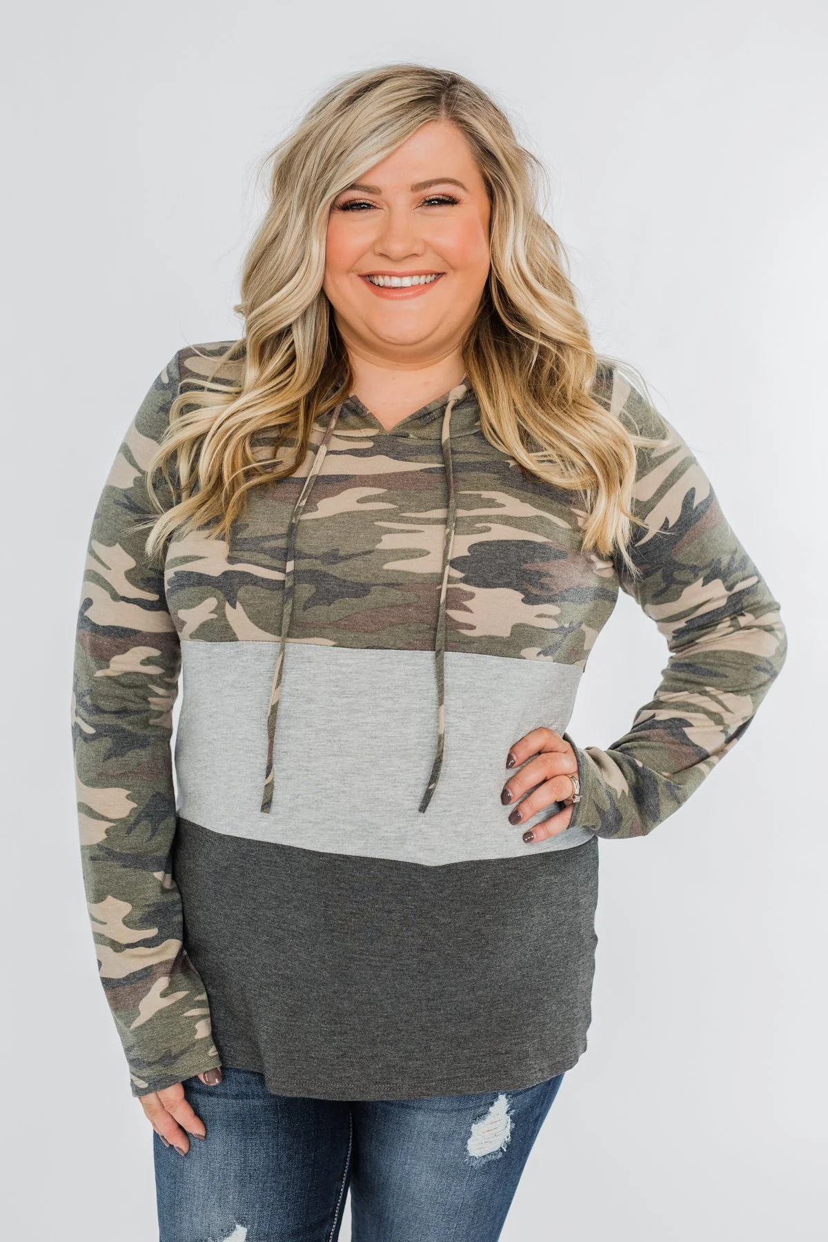 Cloaked In Camo Color Block Hoodie- Grey & Charcoal - Image 3