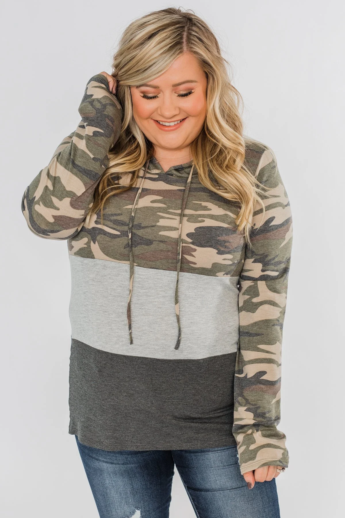 Cloaked In Camo Color Block Hoodie- Grey & Charcoal - Image 5