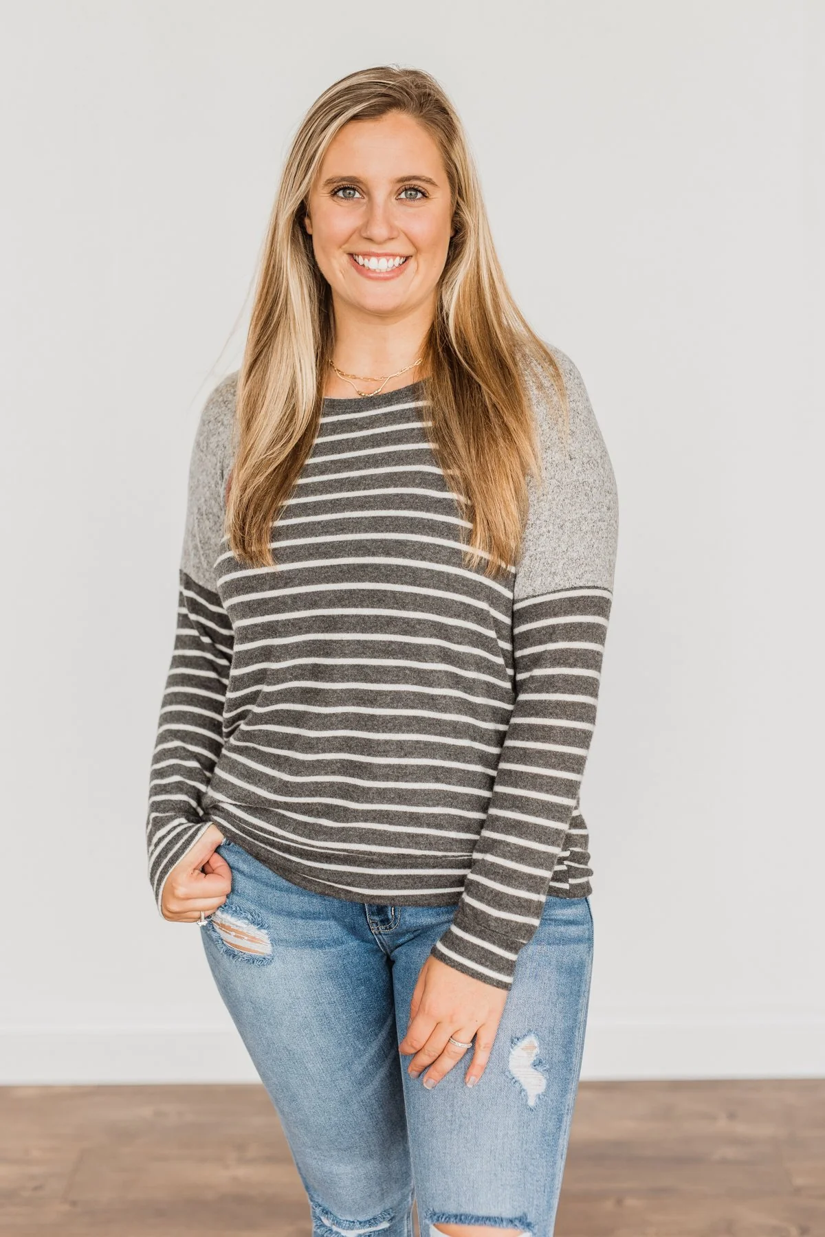 Close At Heart Color Block Striped Top- Charcoal