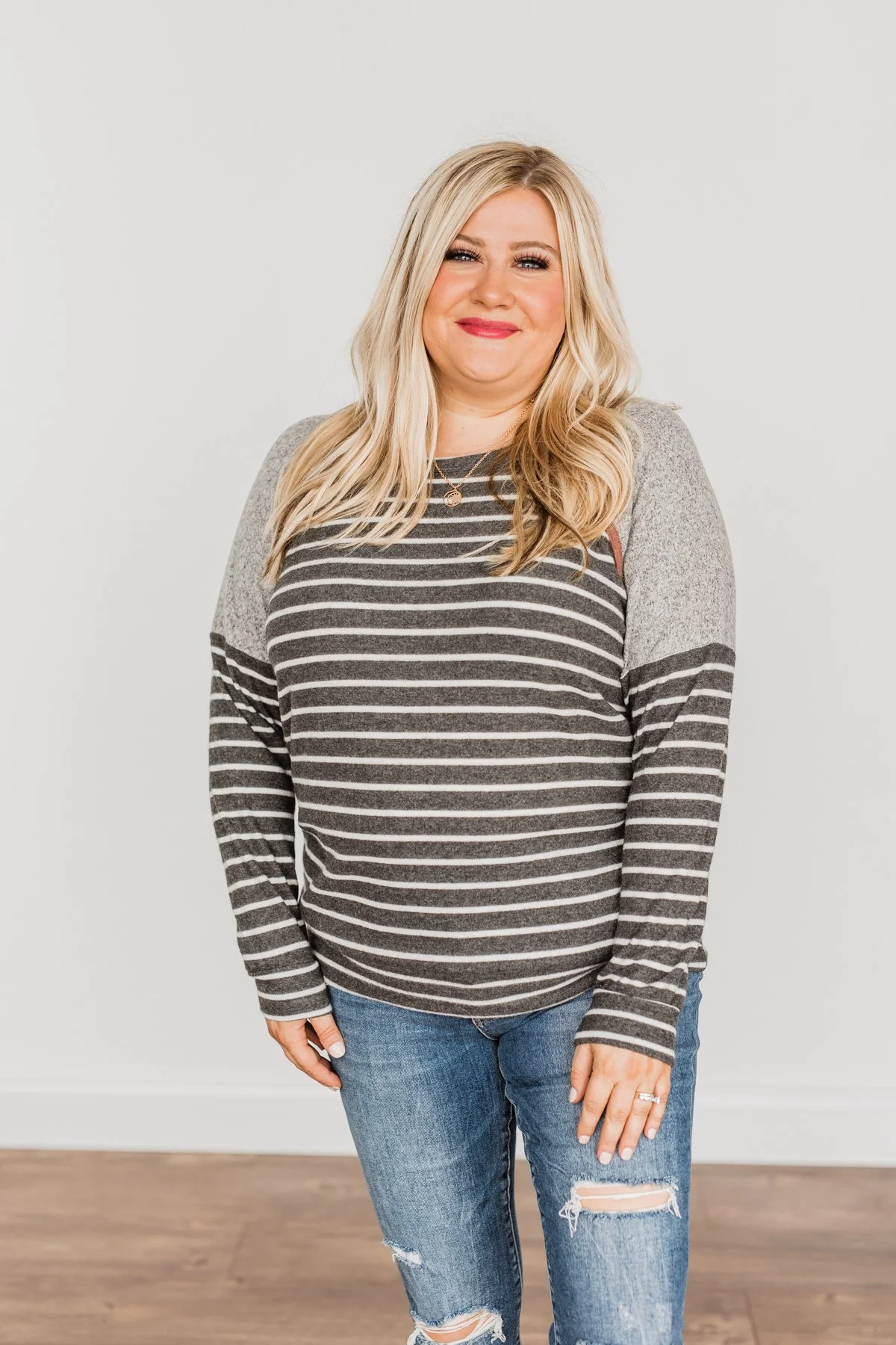 Close At Heart Color Block Striped Top- Charcoal - Image 3