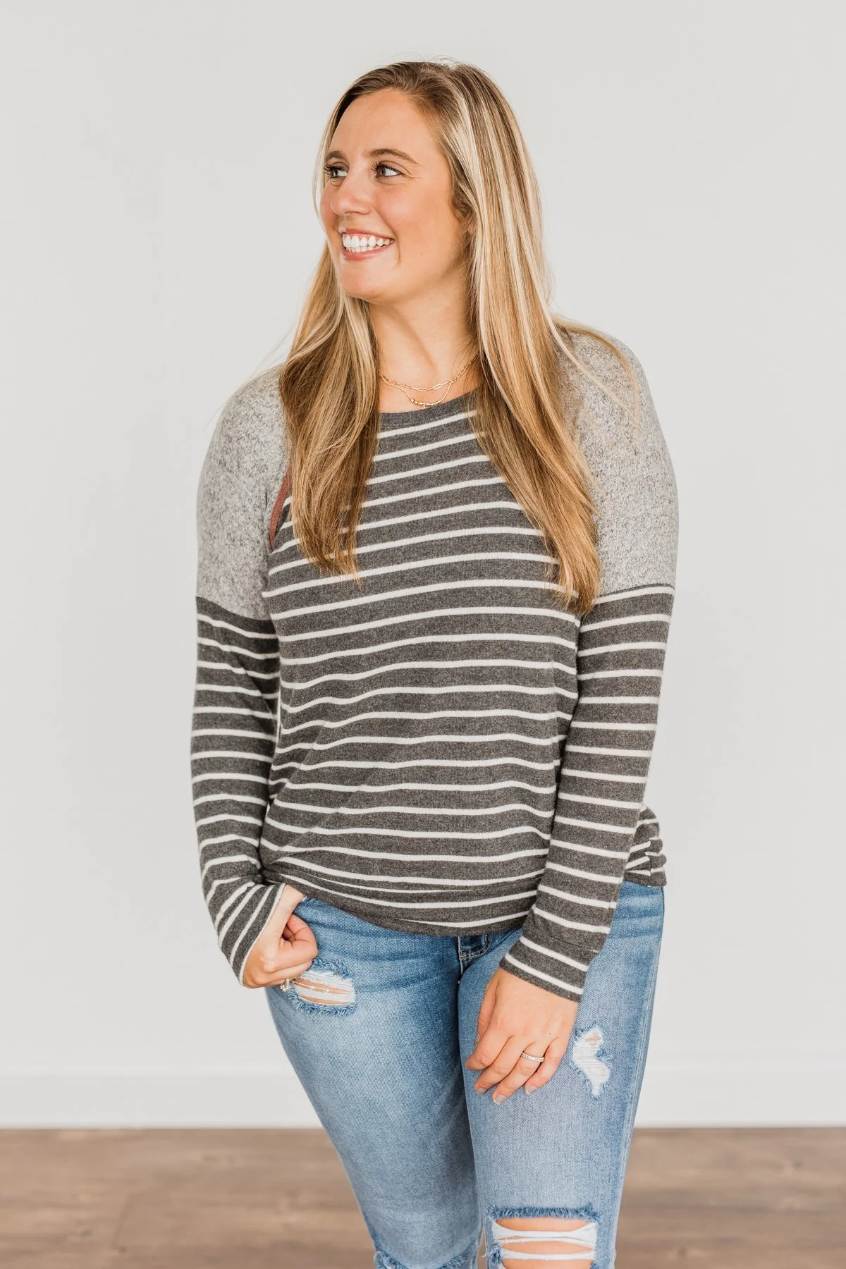 Close At Heart Color Block Striped Top- Charcoal - Image 4