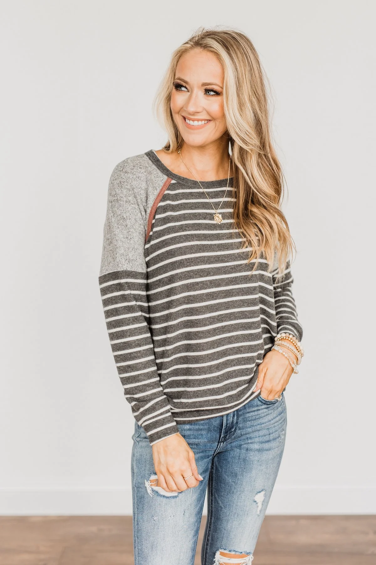 Close At Heart Color Block Striped Top- Charcoal - Image 5