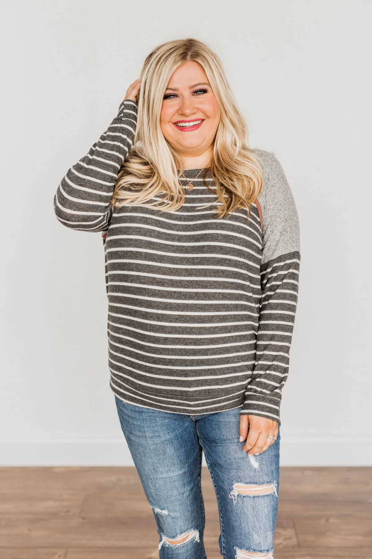 Close At Heart Color Block Striped Top- Charcoal - Image 6