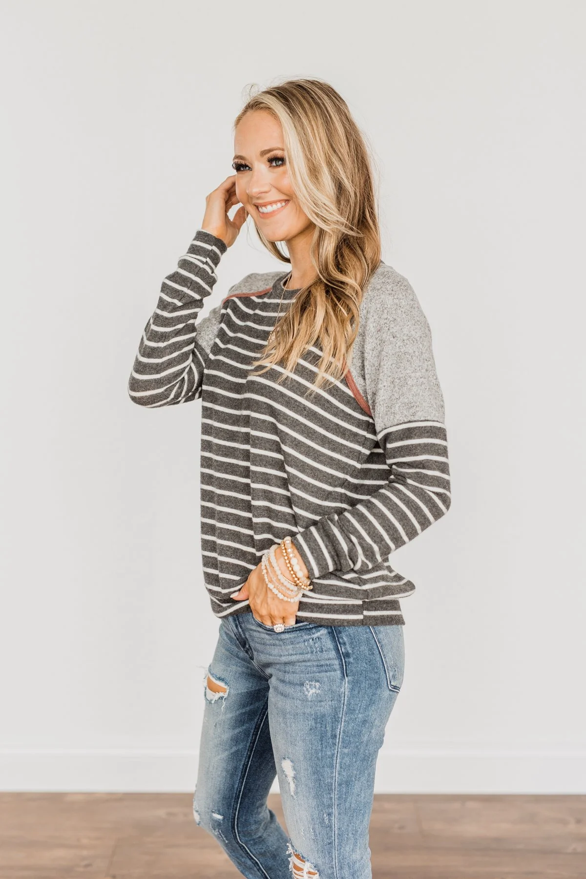 Close At Heart Color Block Striped Top- Charcoal - Image 7