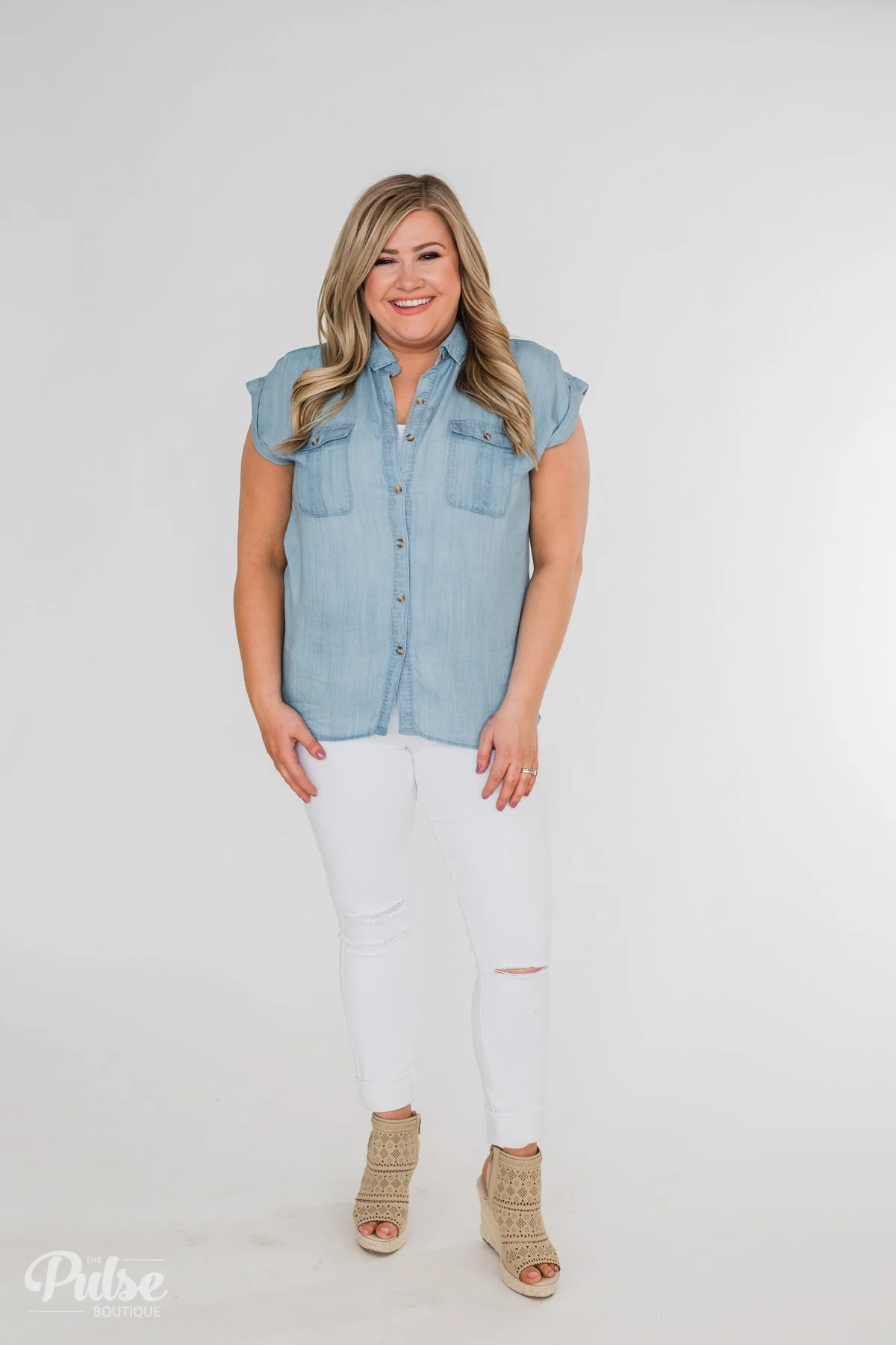 Close to Home Button Down Top- Light Denim - Image 10