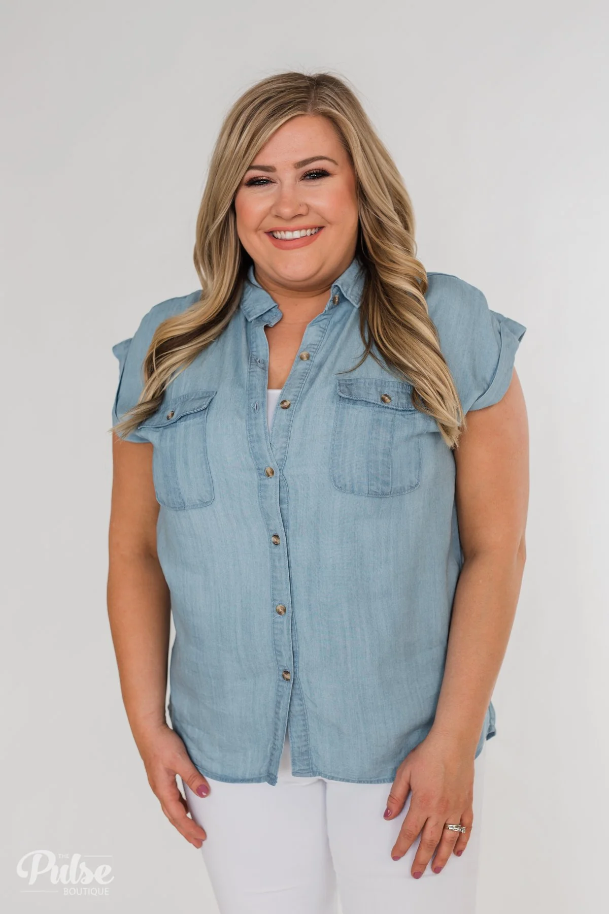 Close to Home Button Down Top- Light Denim - Image 16