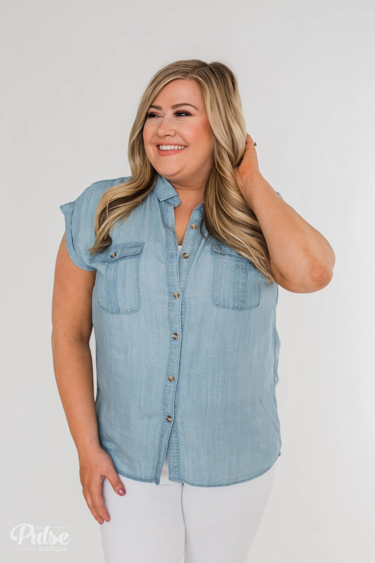 Close to Home Button Down Top- Light Denim - Image 17