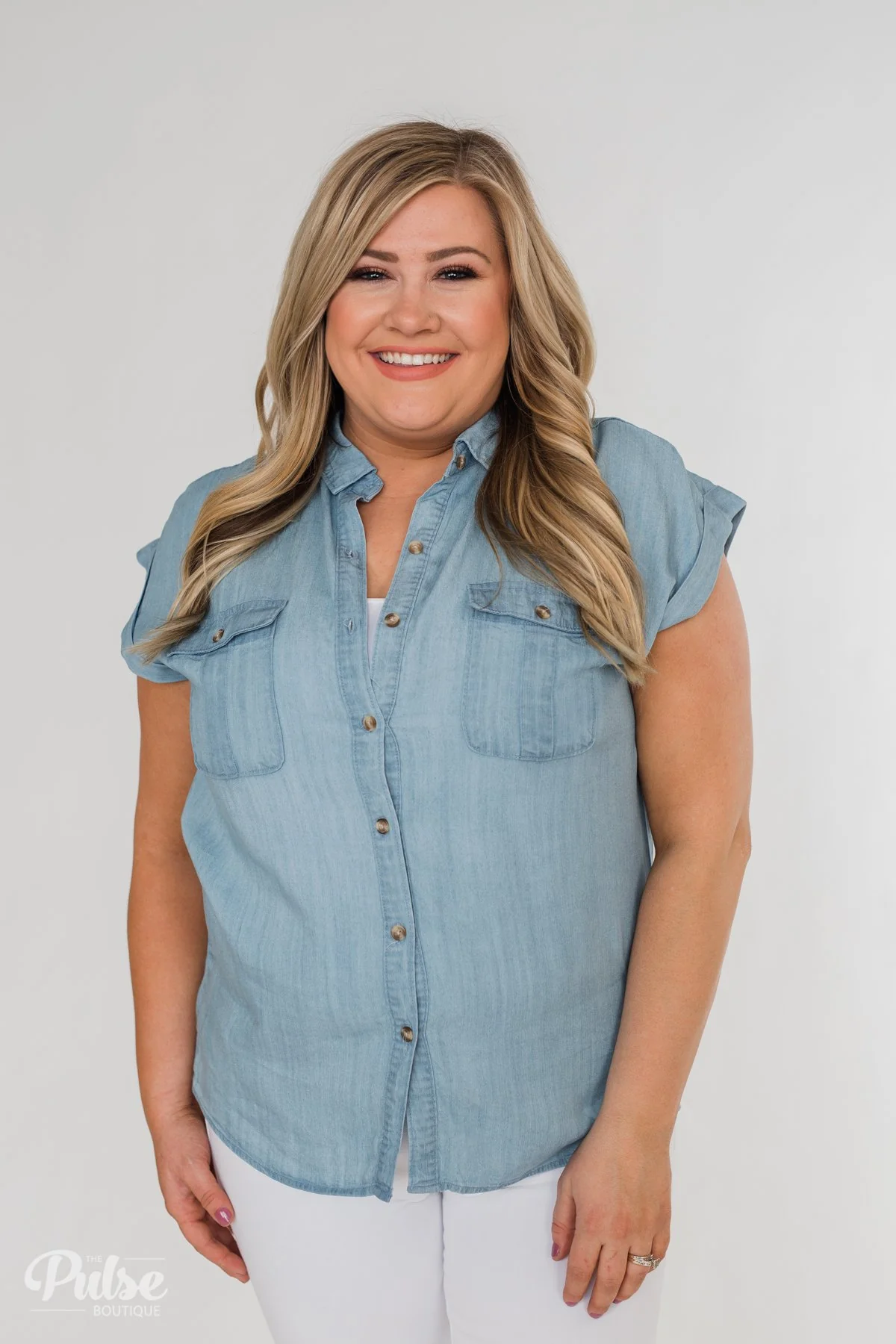 Close to Home Button Down Top- Light Denim - Image 8
