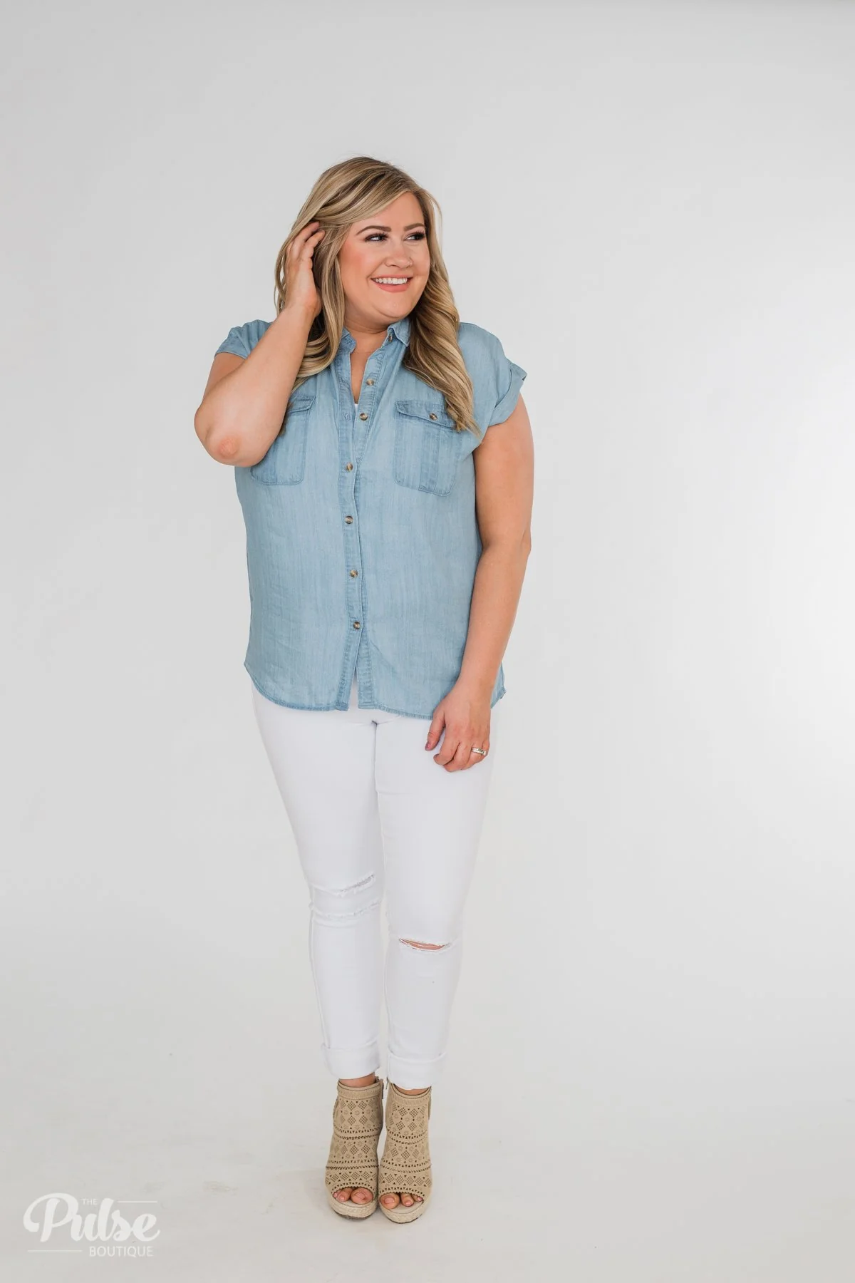 Close to Home Button Down Top- Light Denim - Image 9