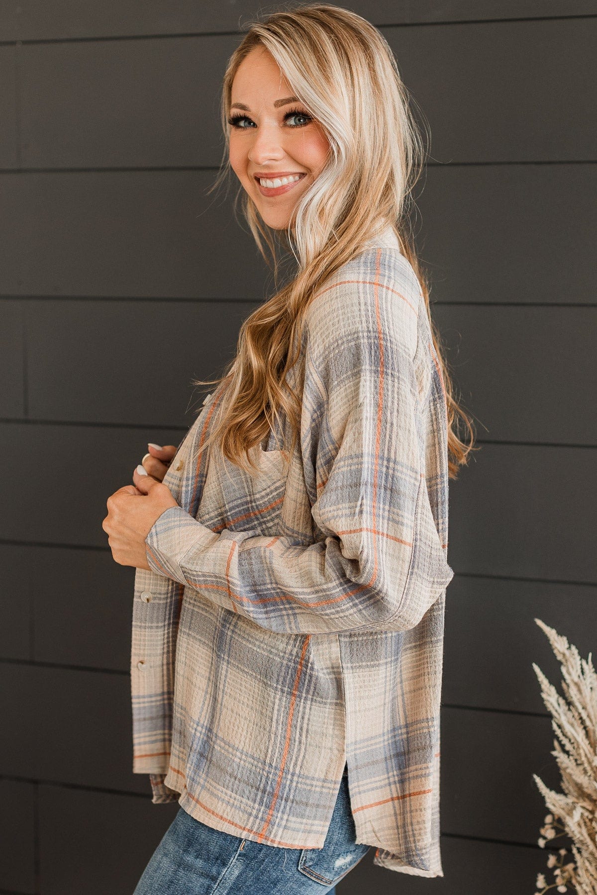 Closer To Home Plaid Button Top- Denim & Orange - Image 6