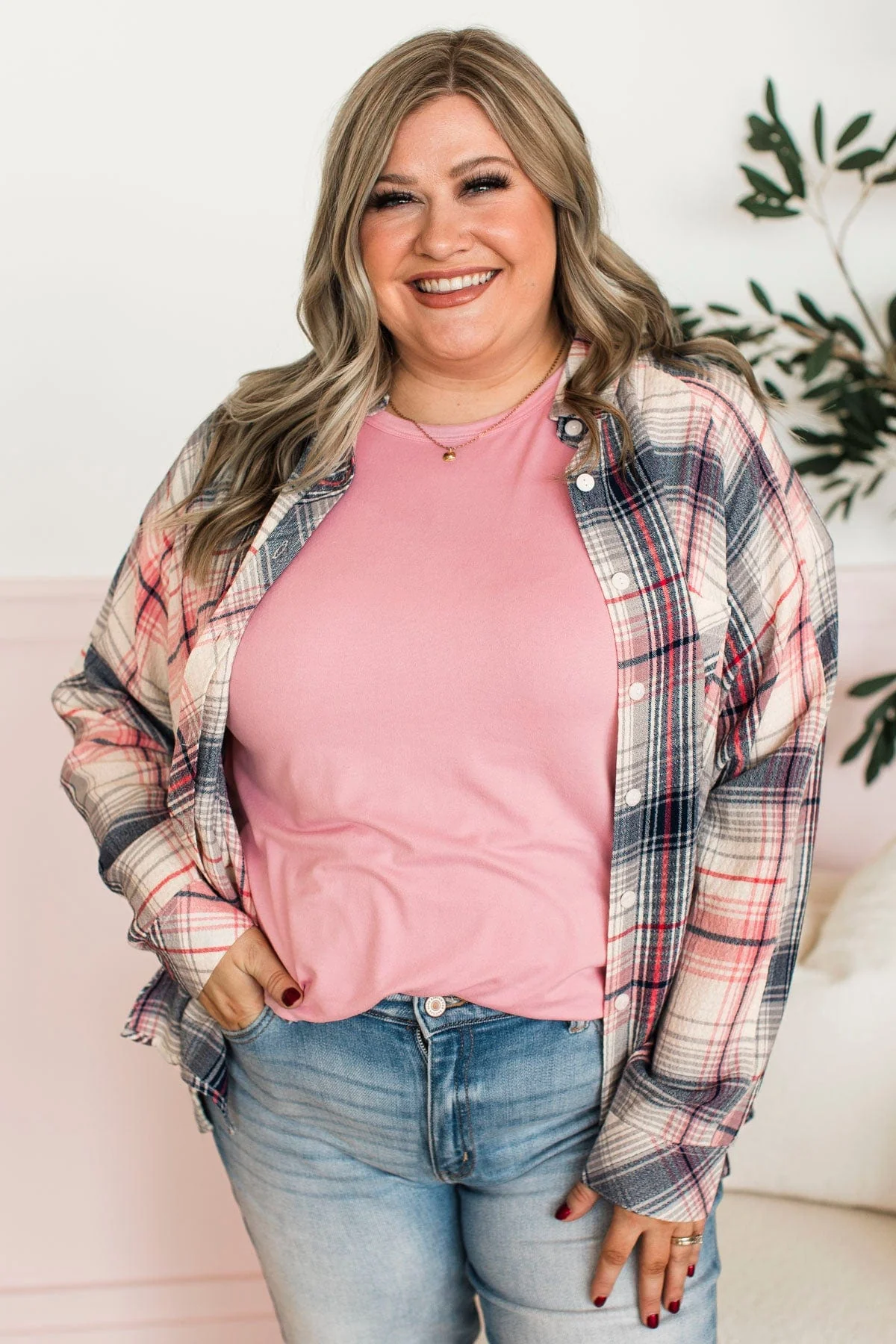 Closer To Home Plaid Button Top- Navy & Pink - Image 4