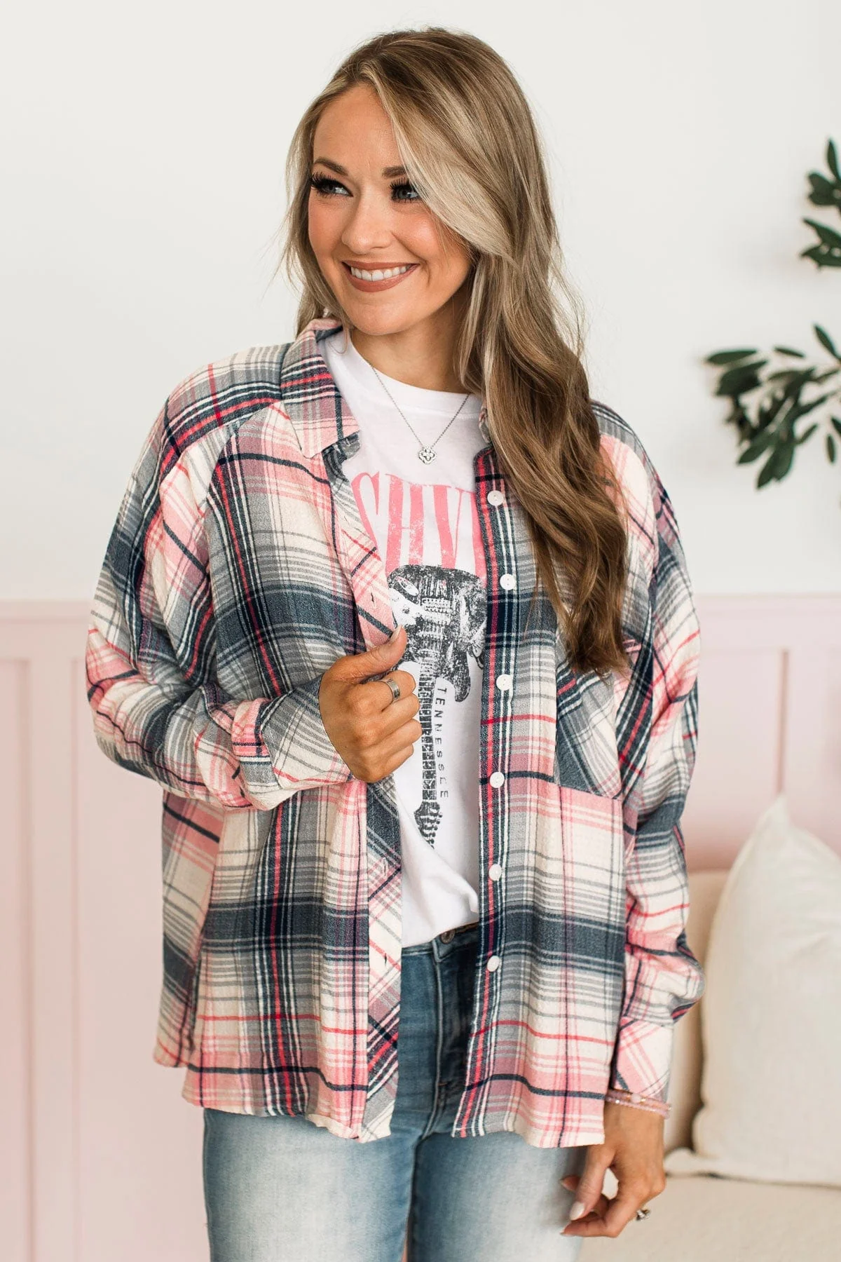 Closer To Home Plaid Button Top- Navy & Pink - Image 5