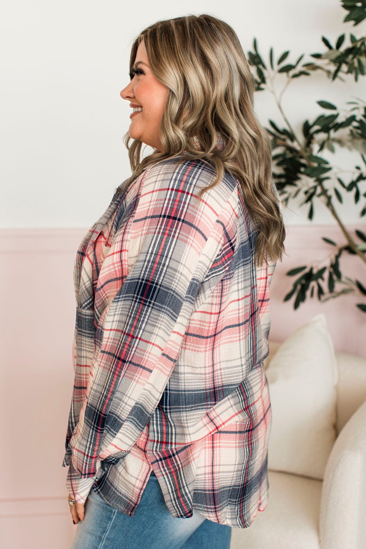 Closer To Home Plaid Button Top- Navy & Pink - Image 7