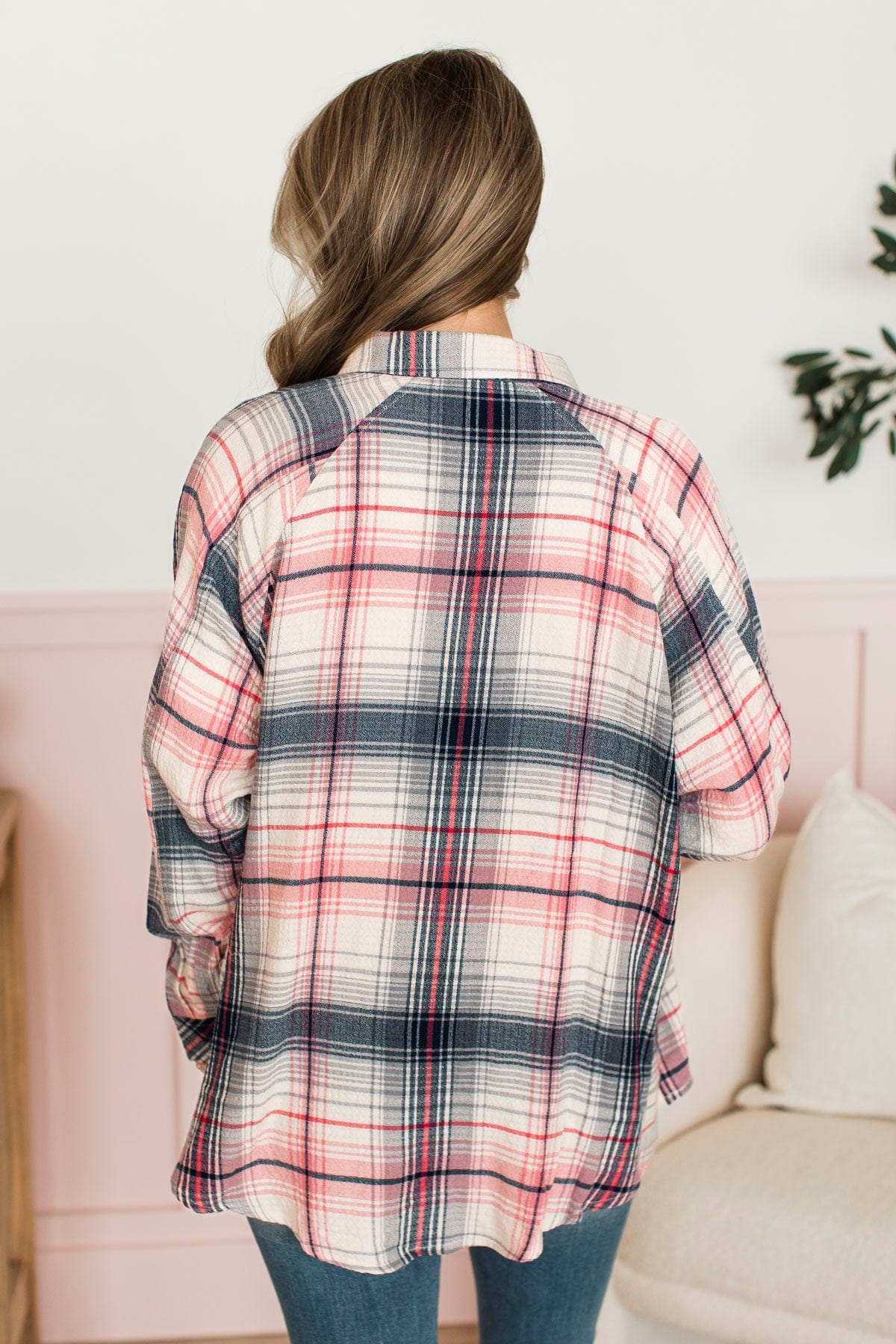 Closer To Home Plaid Button Top- Navy & Pink - Image 8
