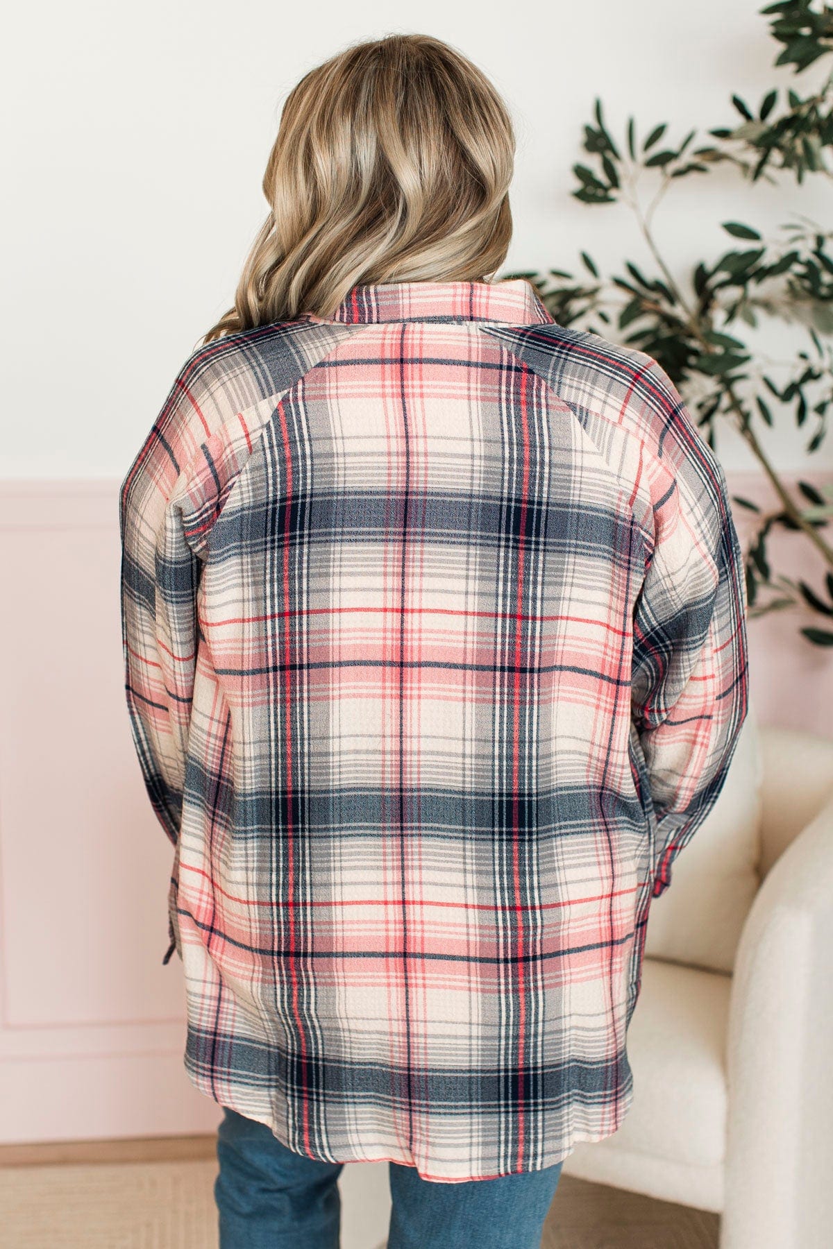 Closer To Home Plaid Button Top- Navy & Pink - Image 9